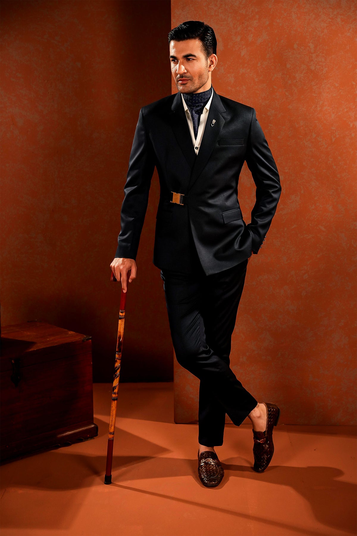Navy Buckle-Closure Coat Pant with Cravat
