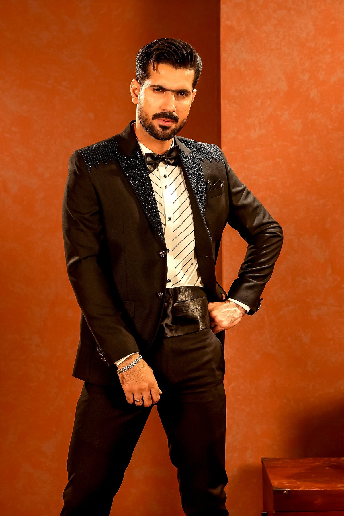 Black Embellished-Lapel Tuxedo with Bow Tie