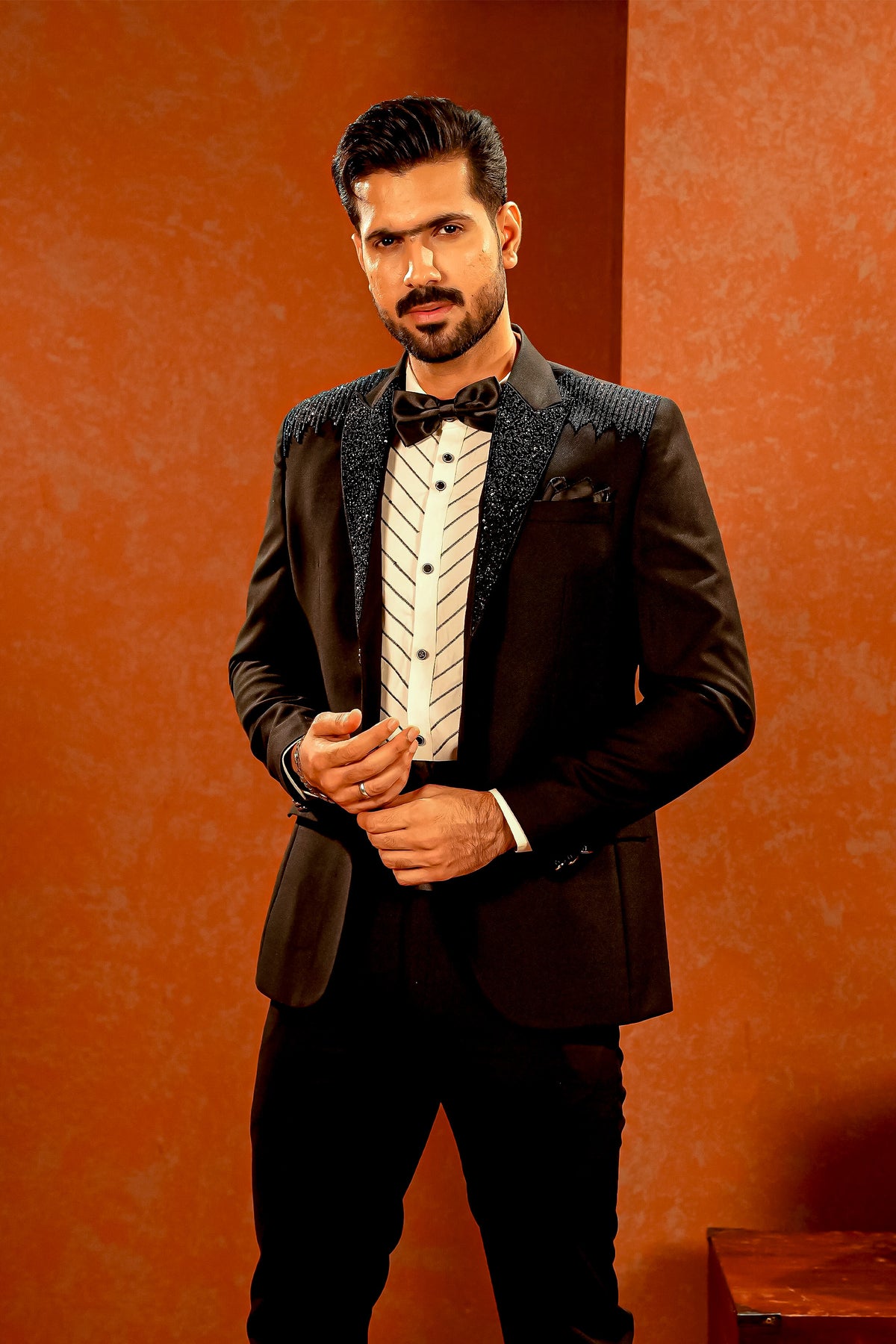 Black Embellished-Lapel Tuxedo with Bow Tie