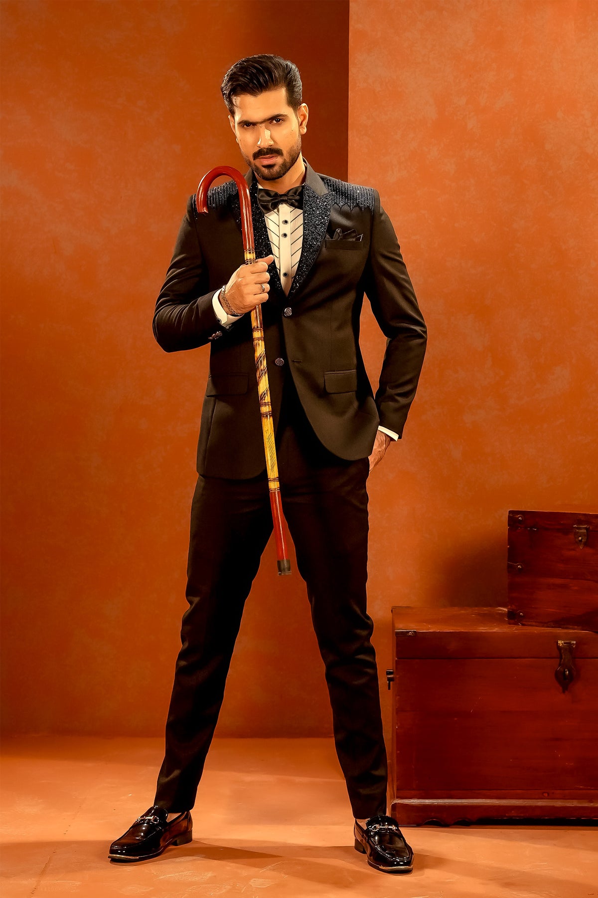 Black Embellished-Lapel Tuxedo with Bow Tie