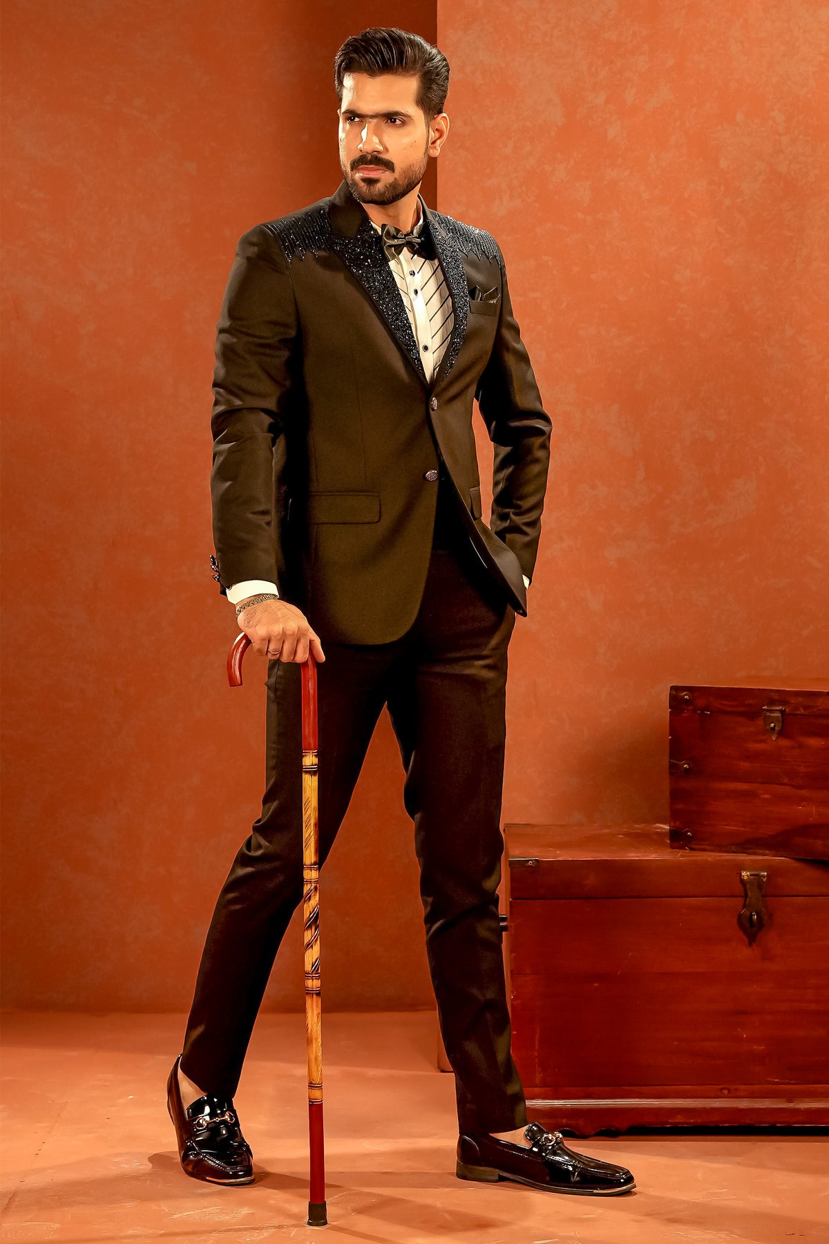 Black Embellished-Lapel Tuxedo with Bow Tie