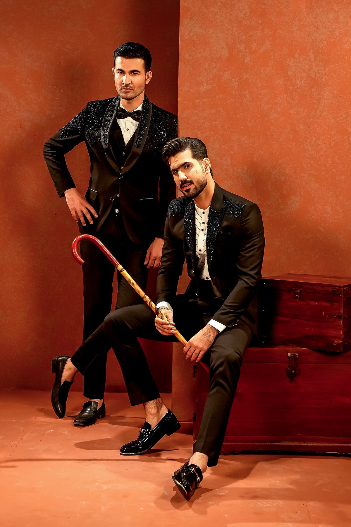 Black Embellished-Lapel Tuxedo with Bow Tie