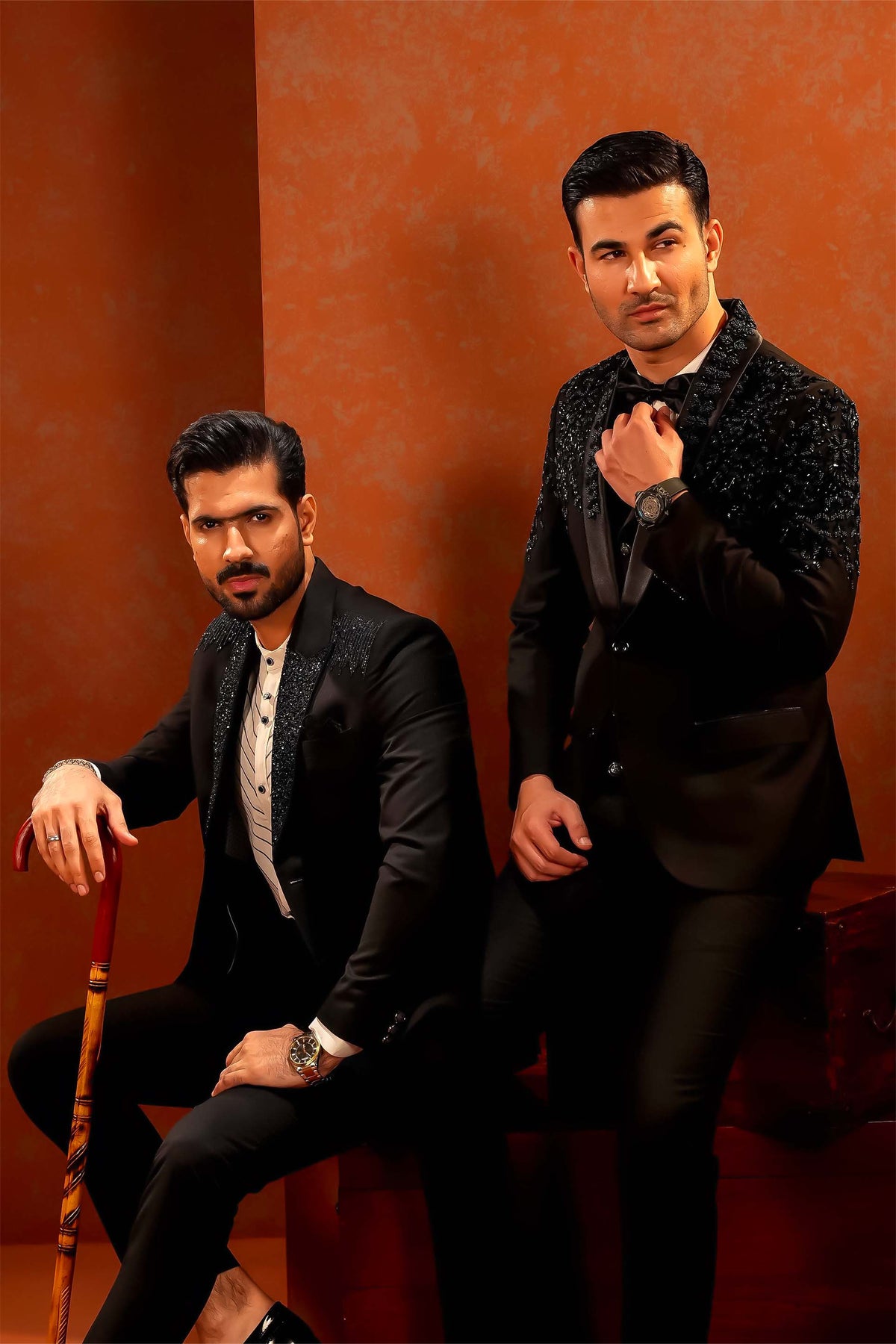 Black Embellished Shawl-Lapel Tuxedo with Waistcoat