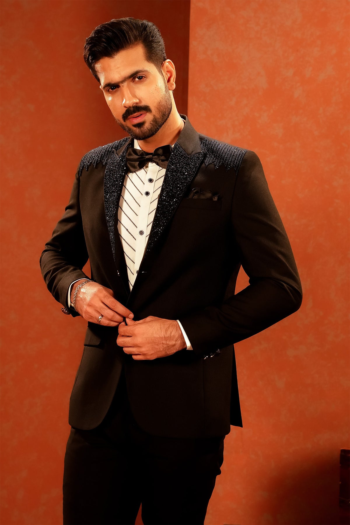 Black Embellished-Lapel Tuxedo with Bow Tie