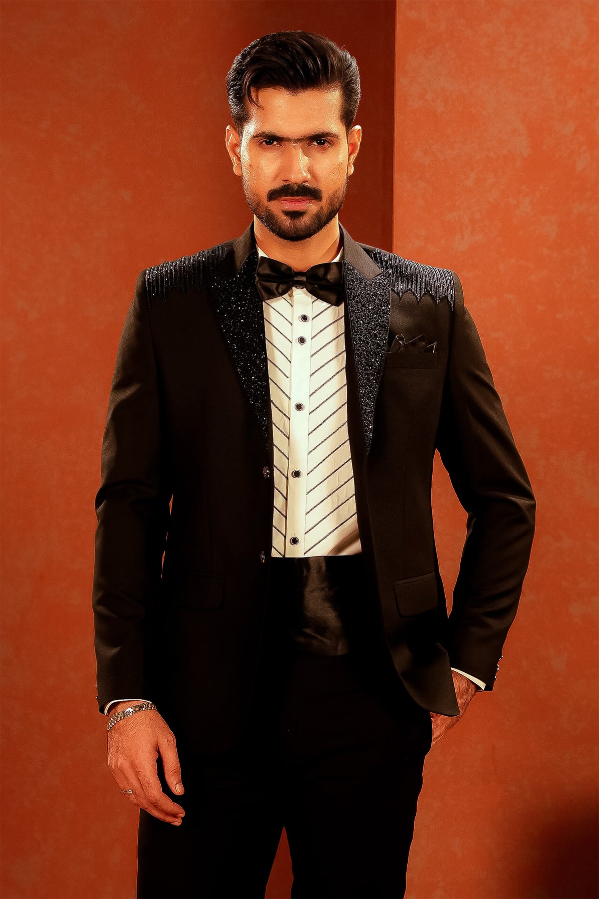 Black Embellished-Lapel Tuxedo with Bow Tie