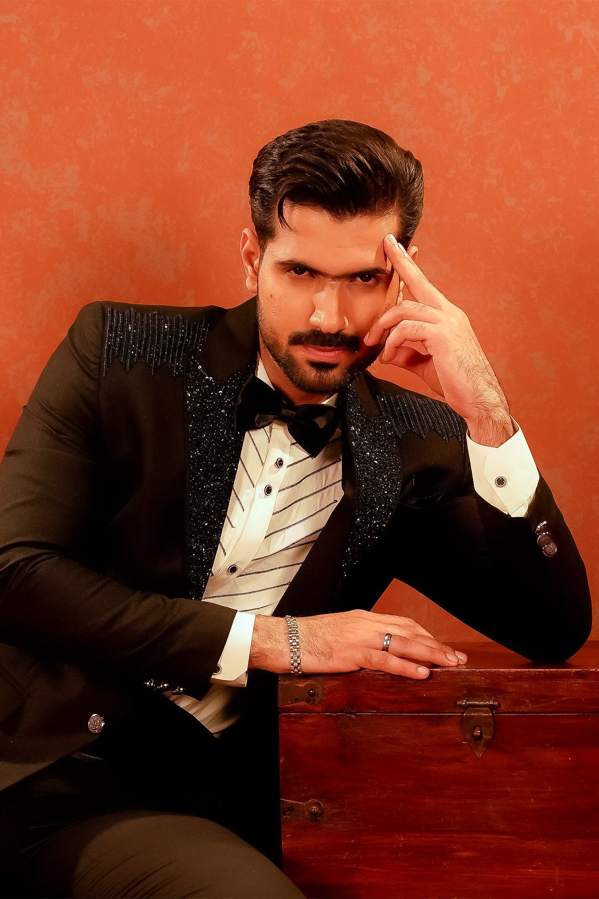 Black Embellished-Lapel Tuxedo with Bow Tie