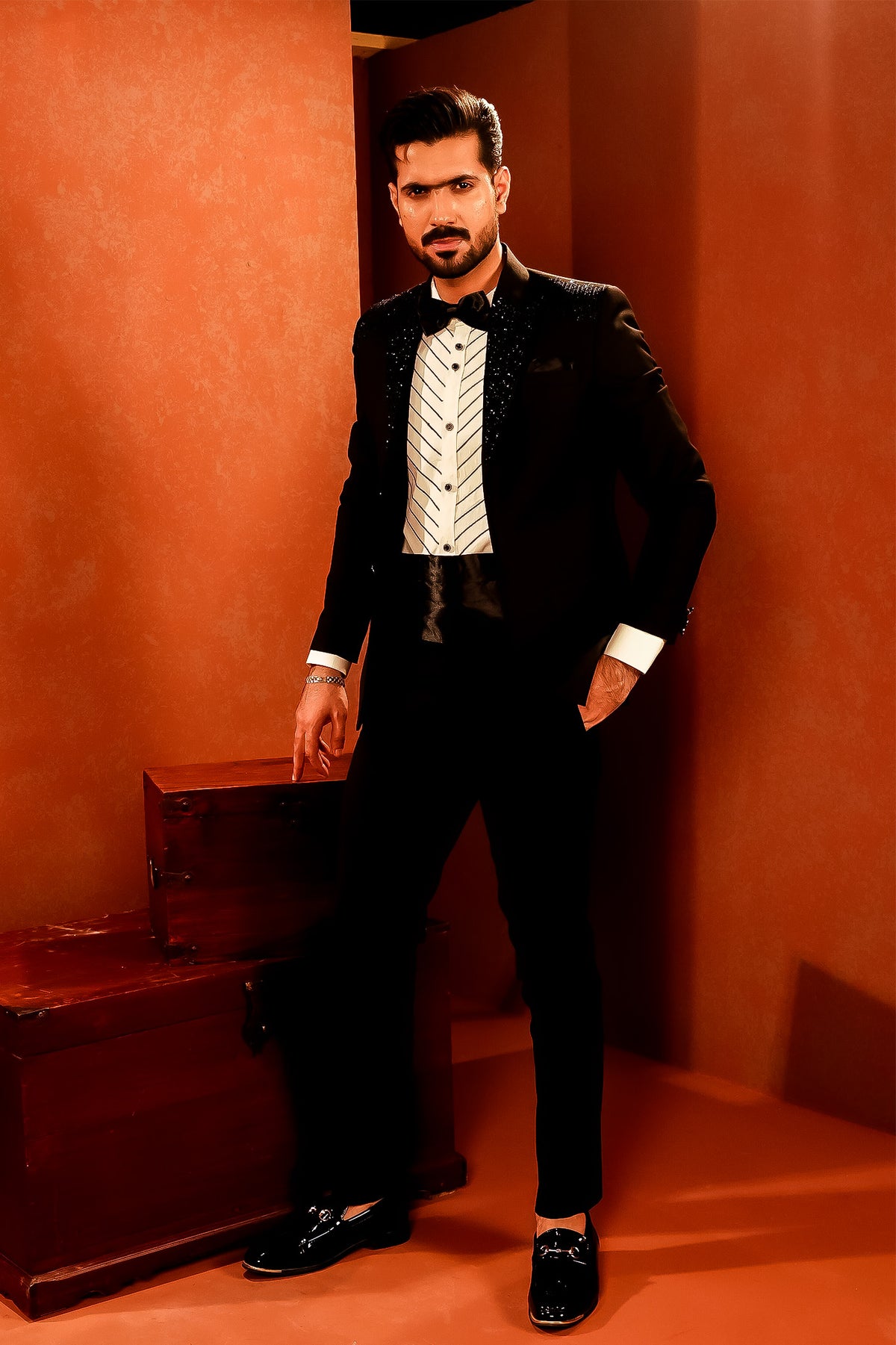 Black Embellished-Lapel Tuxedo with Bow Tie