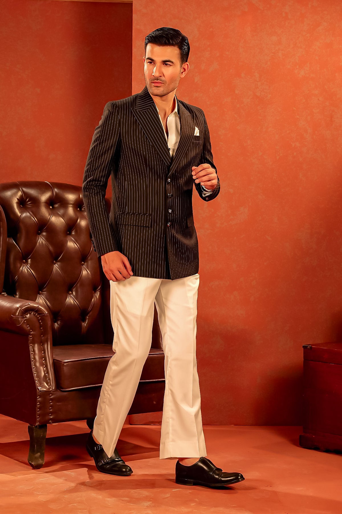 Black Pinstriped Coat Pant with Rust Detailing (Style 2)