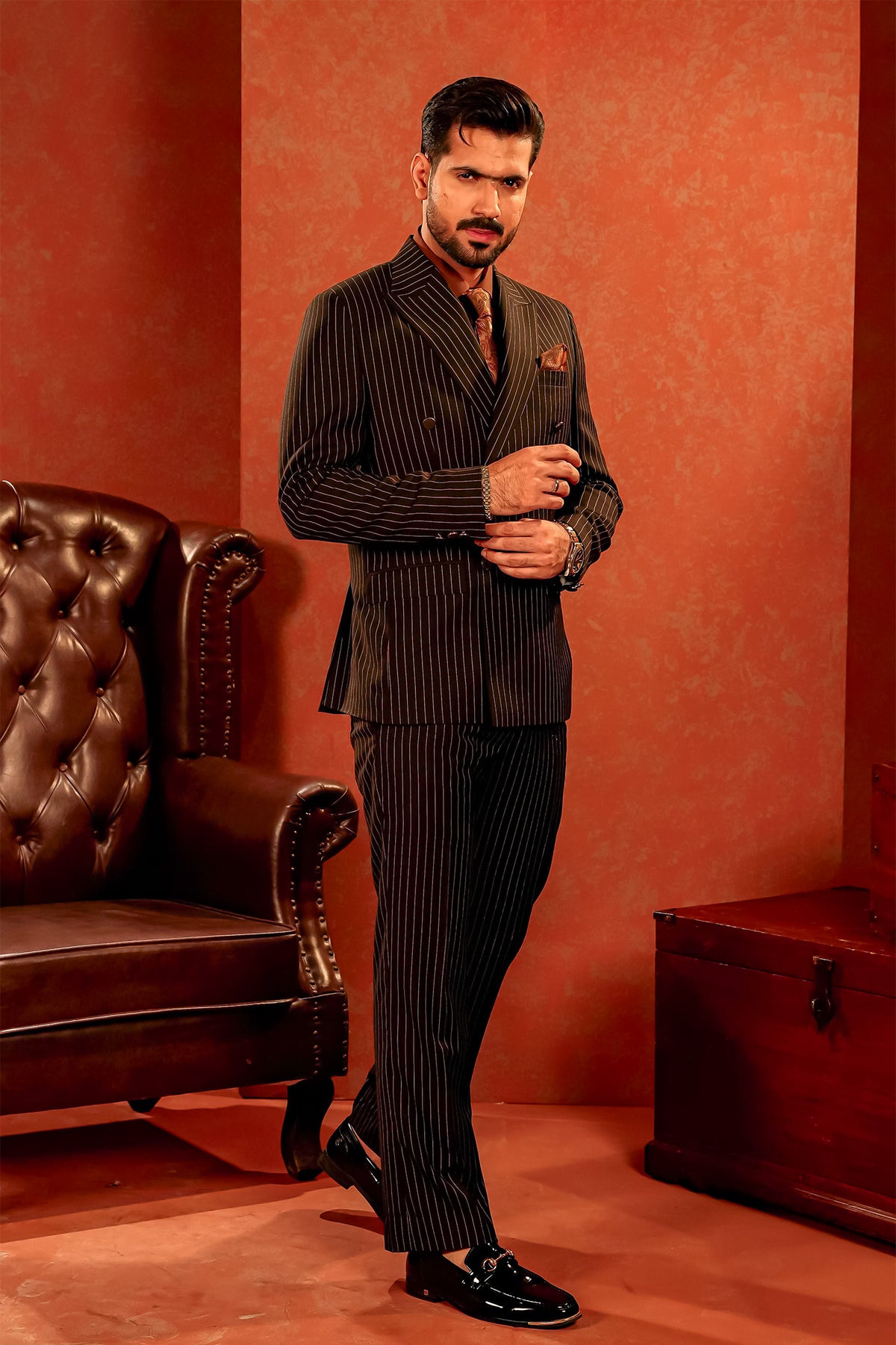Black Pinstriped Double-Breasted Coat Pant with Rust Shirt