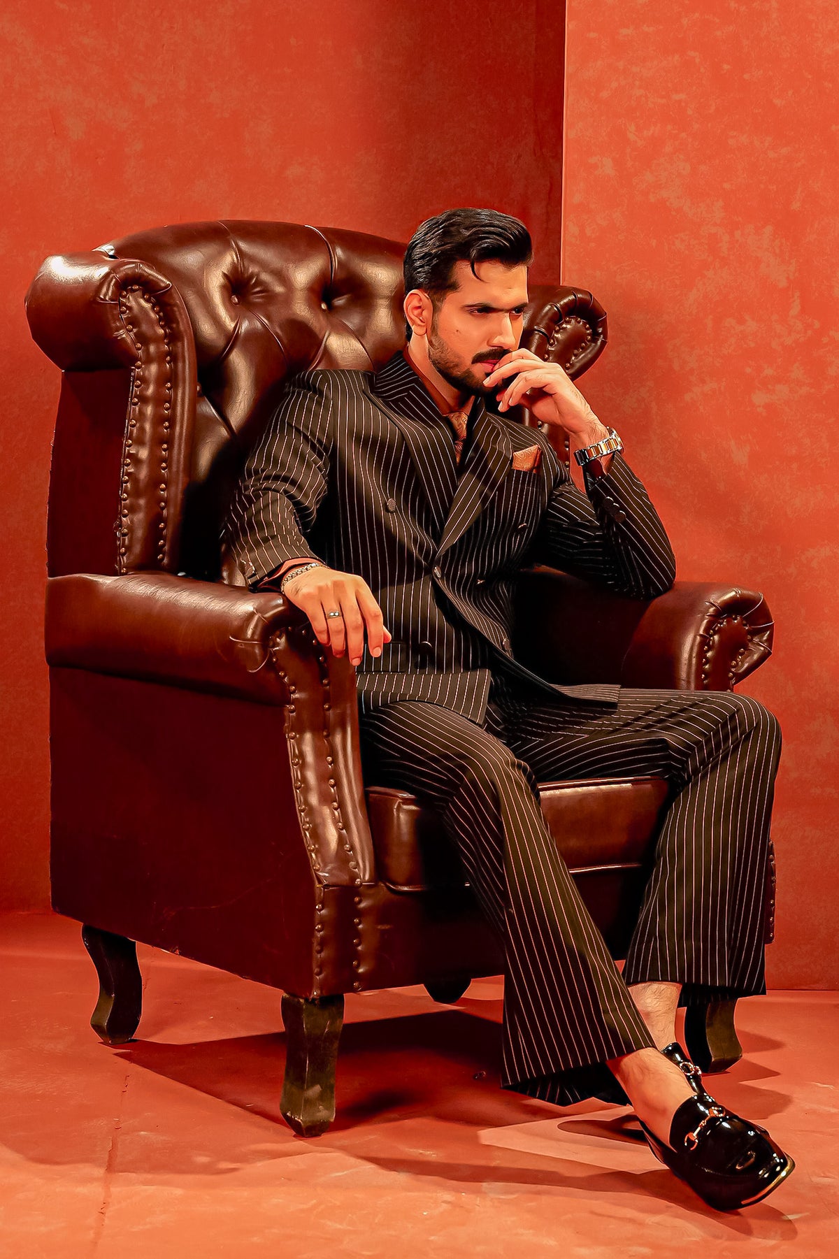 Black Pinstriped Double-Breasted Coat Pant with Rust Shirt