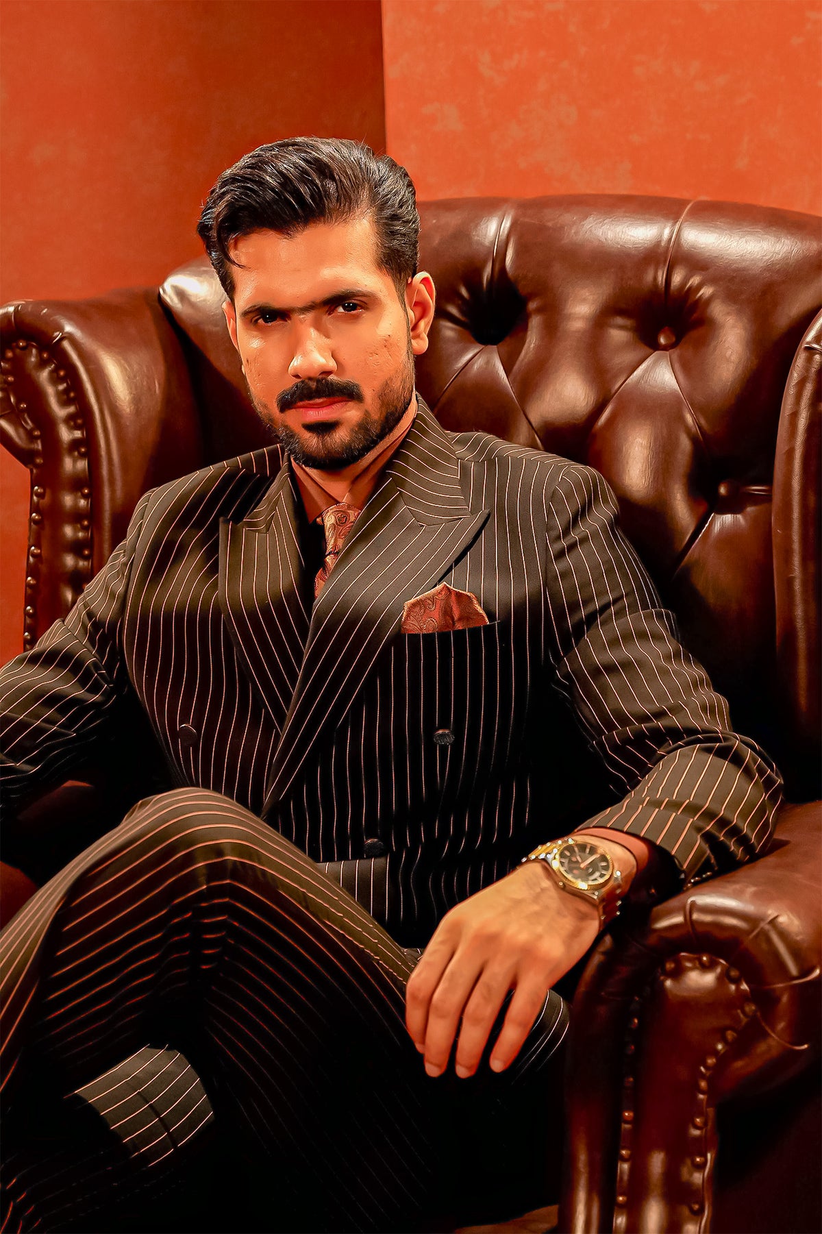 Black Pinstriped Double-Breasted Coat Pant with Rust Shirt