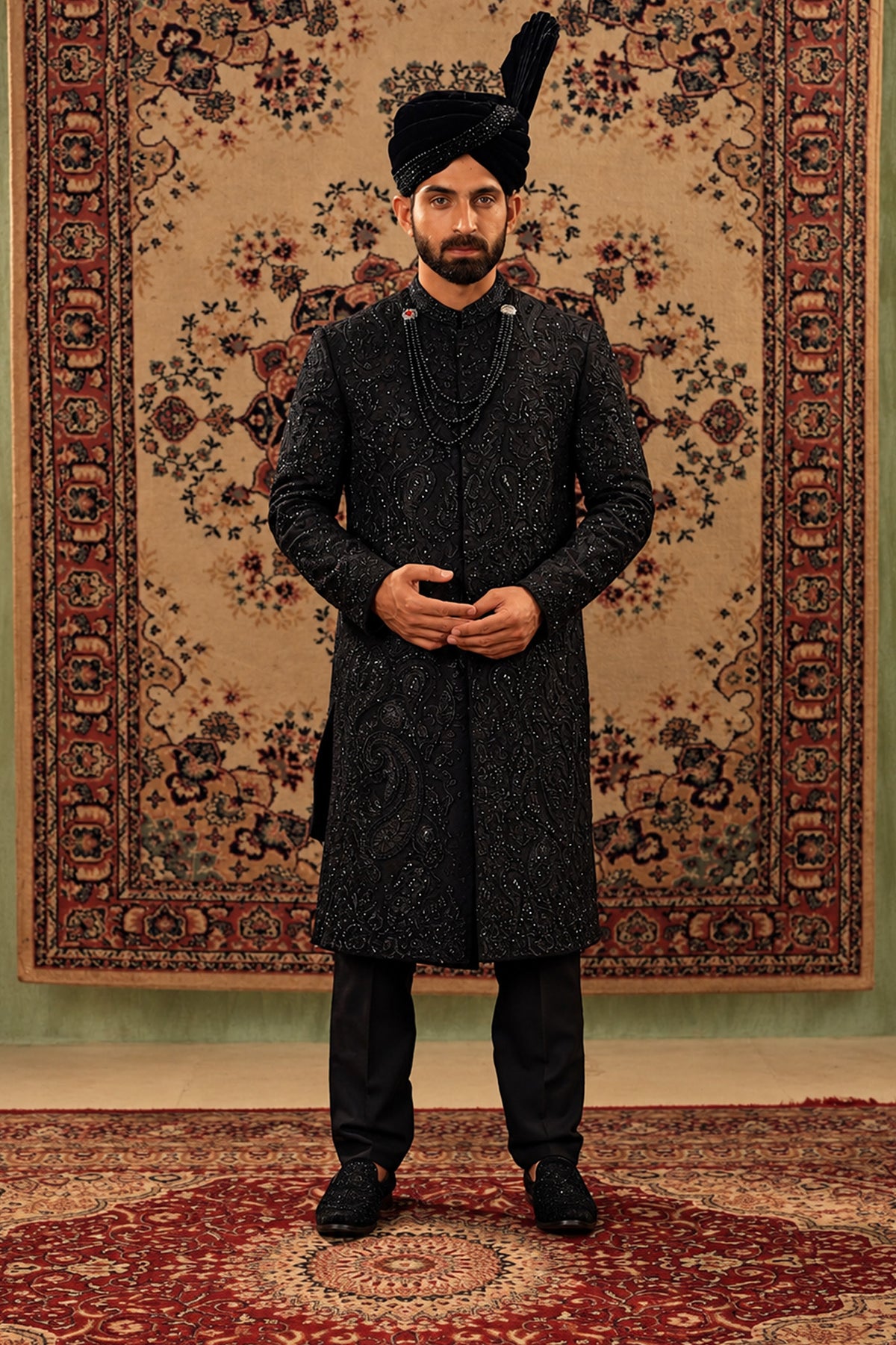 Black Embroidered Sherwani Set with Black Velvet Turban