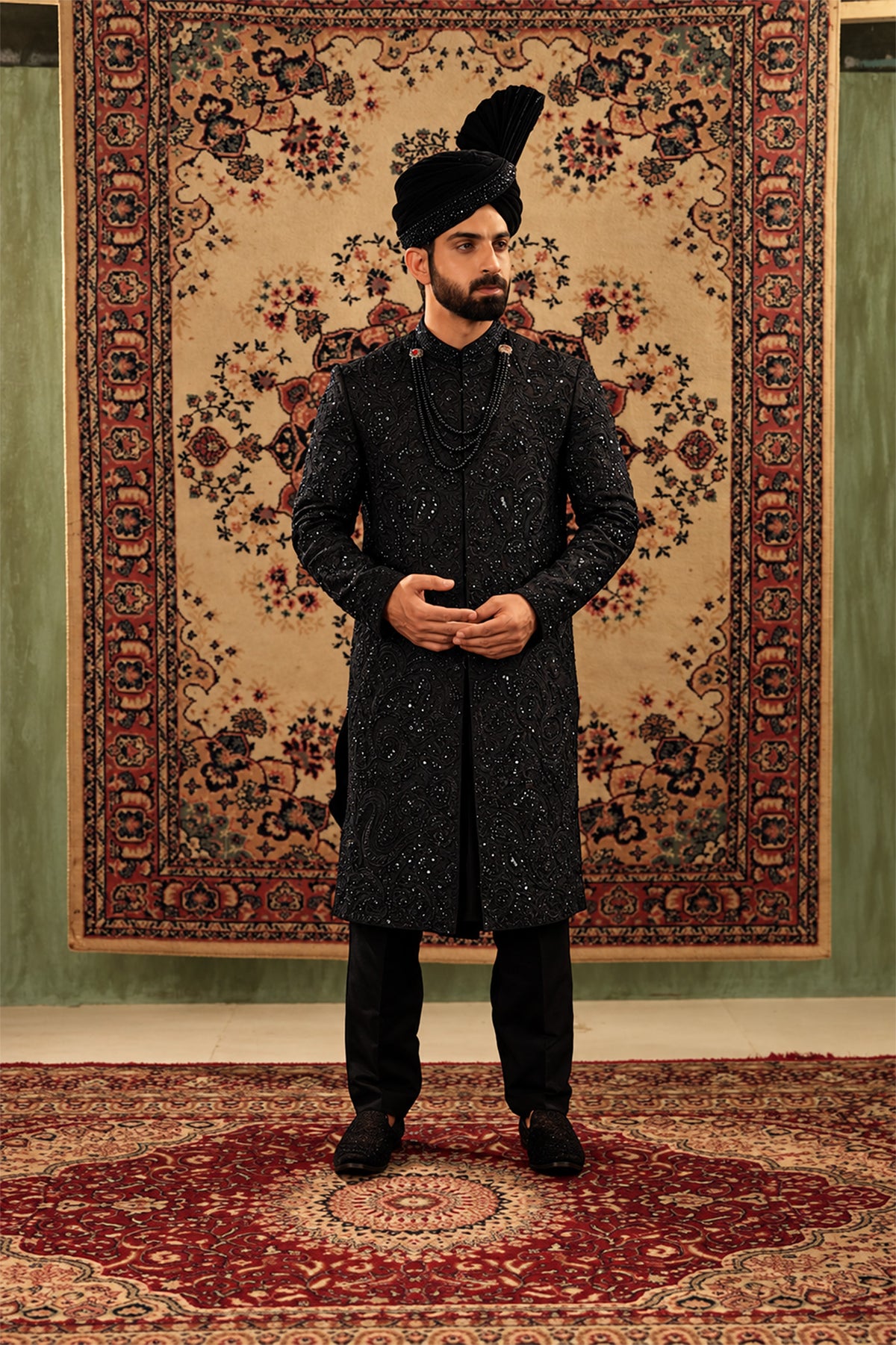 Black Embroidered Sherwani Set with Black Velvet Turban