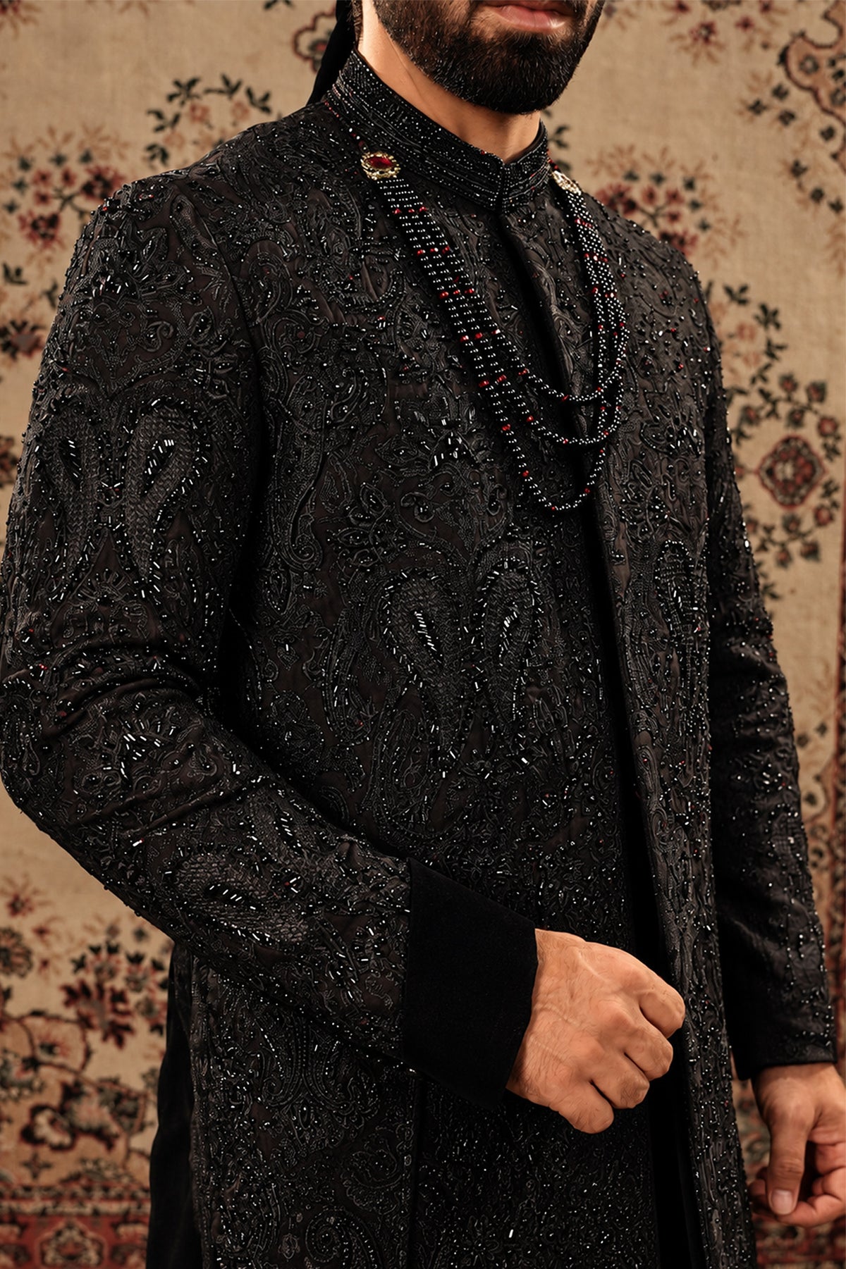 Black Embroidered Sherwani Set with Black Velvet Turban
