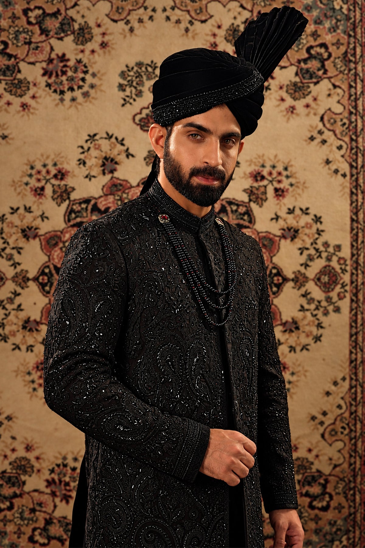 Black Embroidered Sherwani Set with Black Velvet Turban
