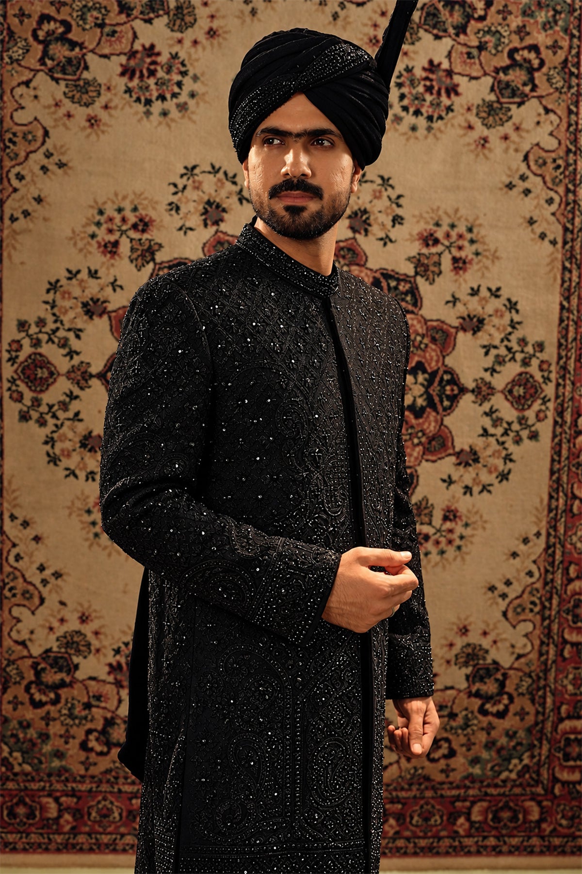 Black Embroidered Bridal Sherwani Set with Velvet Kalgi Turban