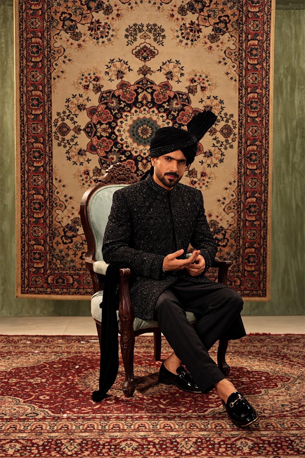 Black Embroidered Bridal Sherwani Set with Velvet Kalgi Turban