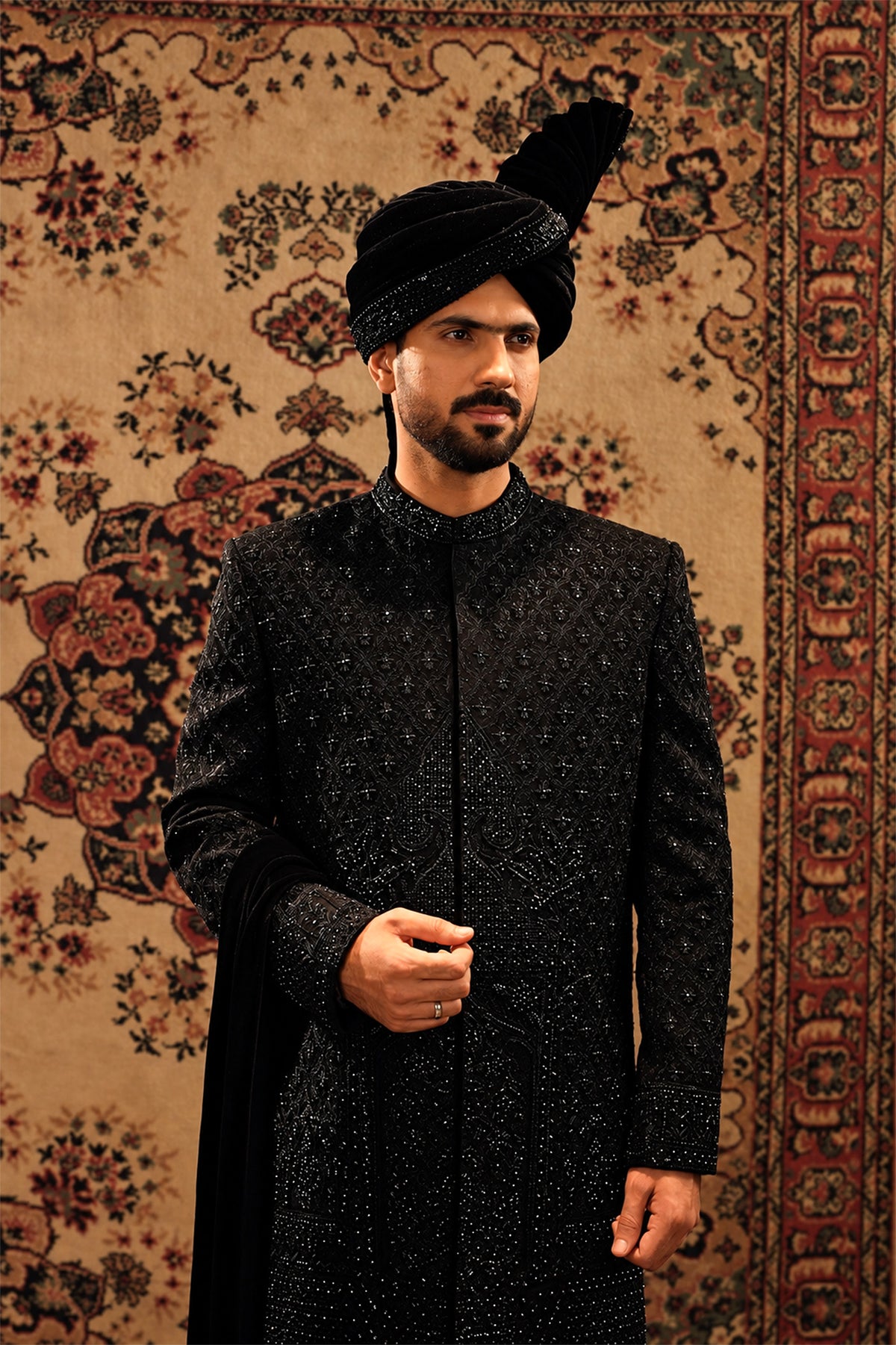 Black Embroidered Bridal Sherwani Set with Velvet Kalgi Turban