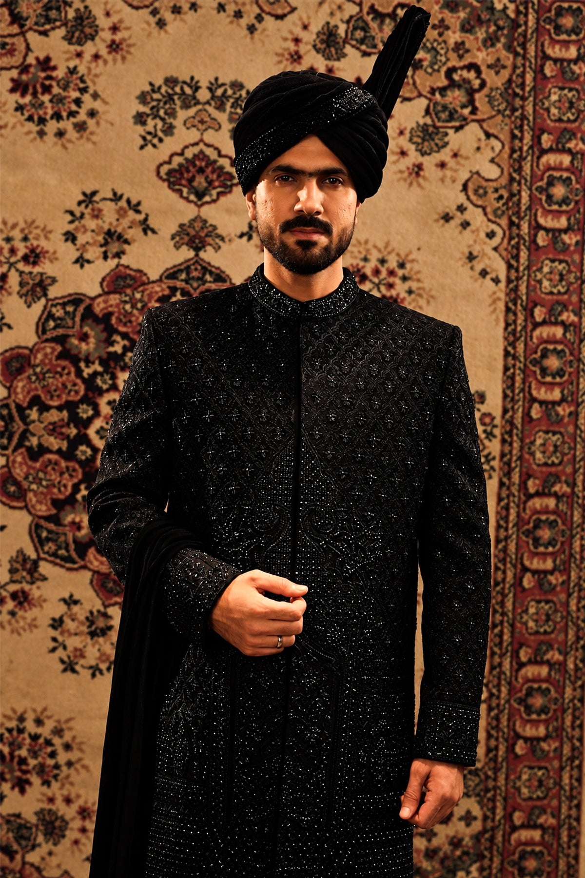 Black Embroidered Bridal Sherwani Set with Velvet Kalgi Turban
