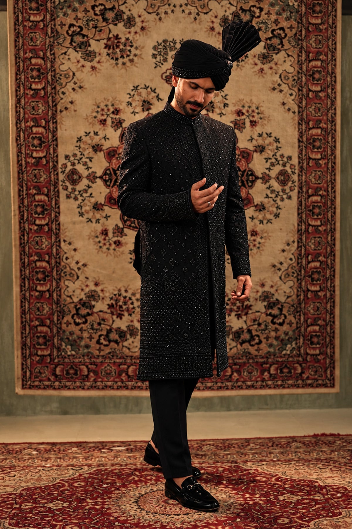 Black Embroidered Bridal Sherwani Set with Velvet Kalgi Turban