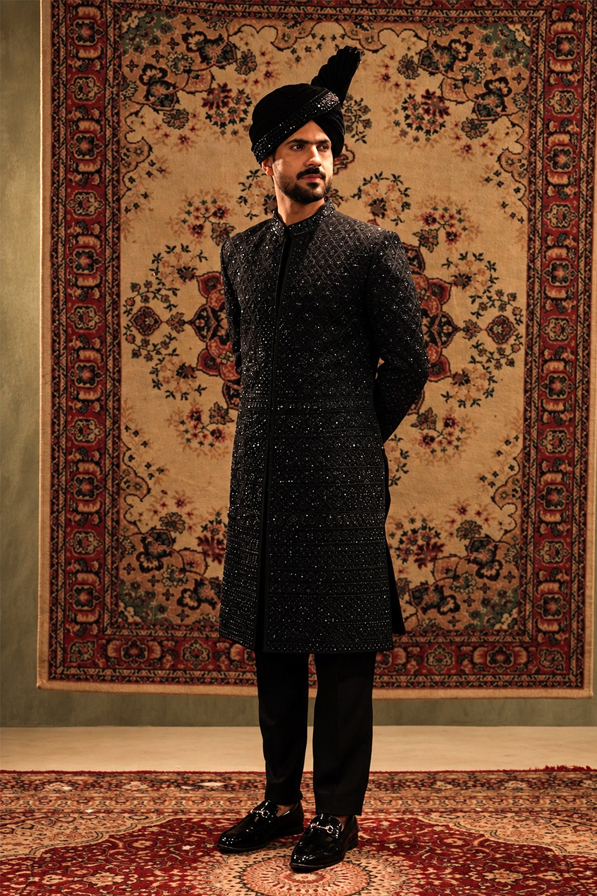 Black Embroidered Bridal Sherwani Set with Velvet Kalgi Turban