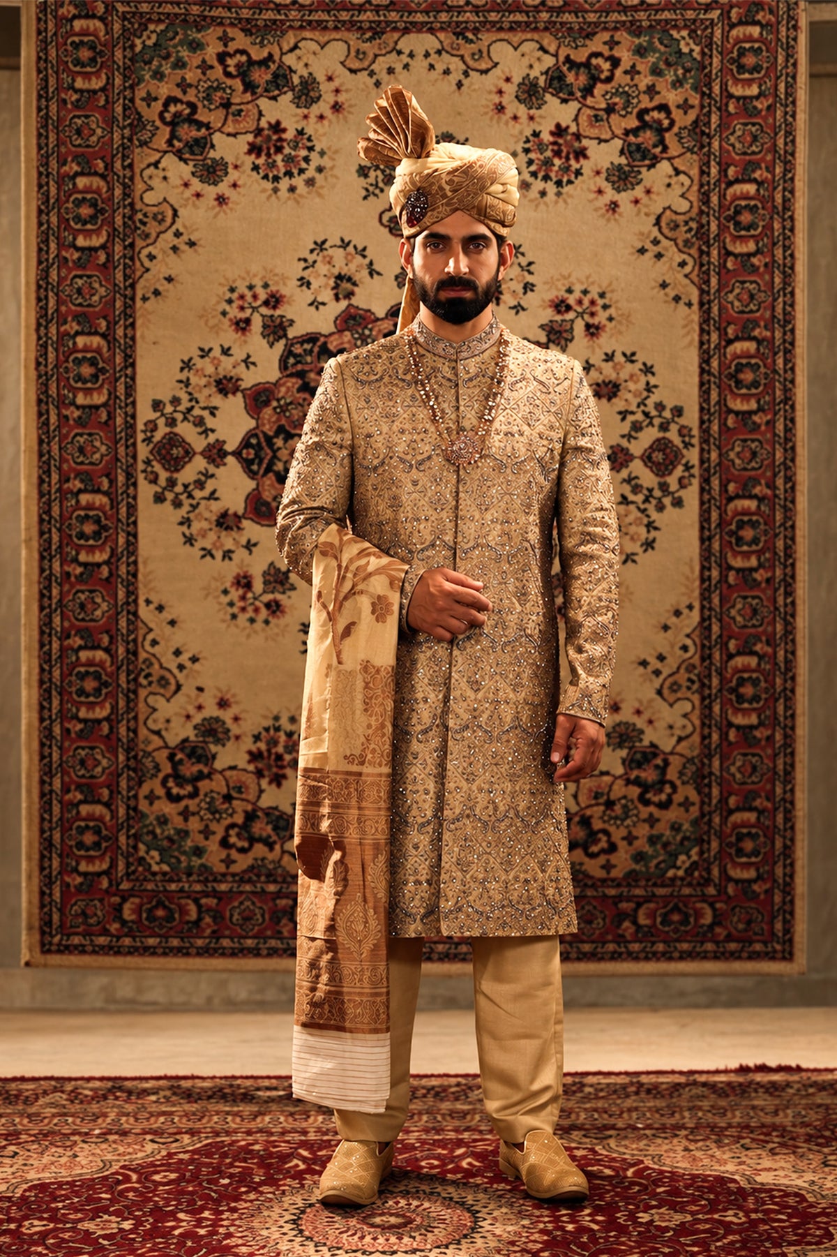 Mud Gold Embroidered Bridal Sherwani Set with Dupatta Turban