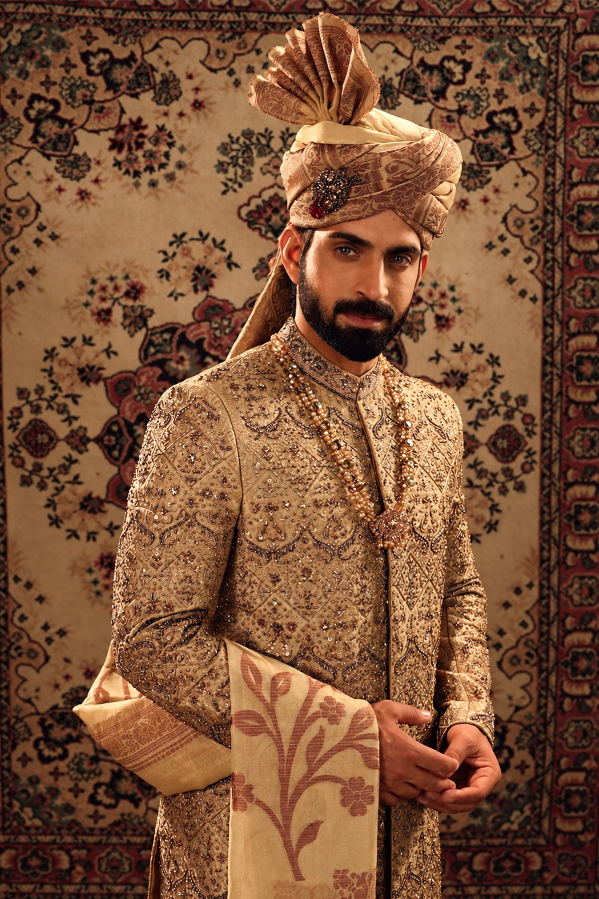 Mud Gold Embroidered Bridal Sherwani Set with Dupatta Turban