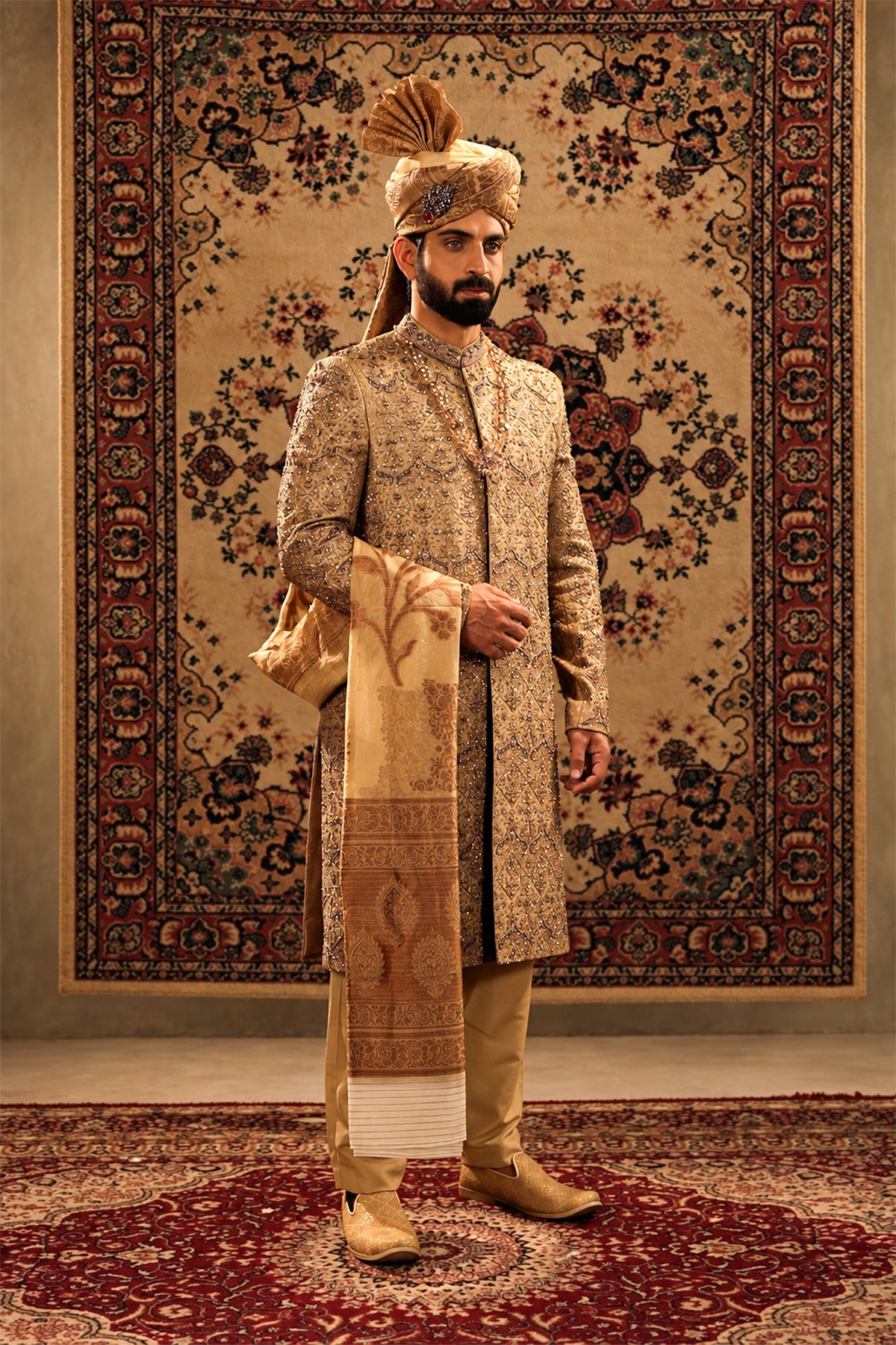 Mud Gold Embroidered Bridal Sherwani Set with Dupatta Turban
