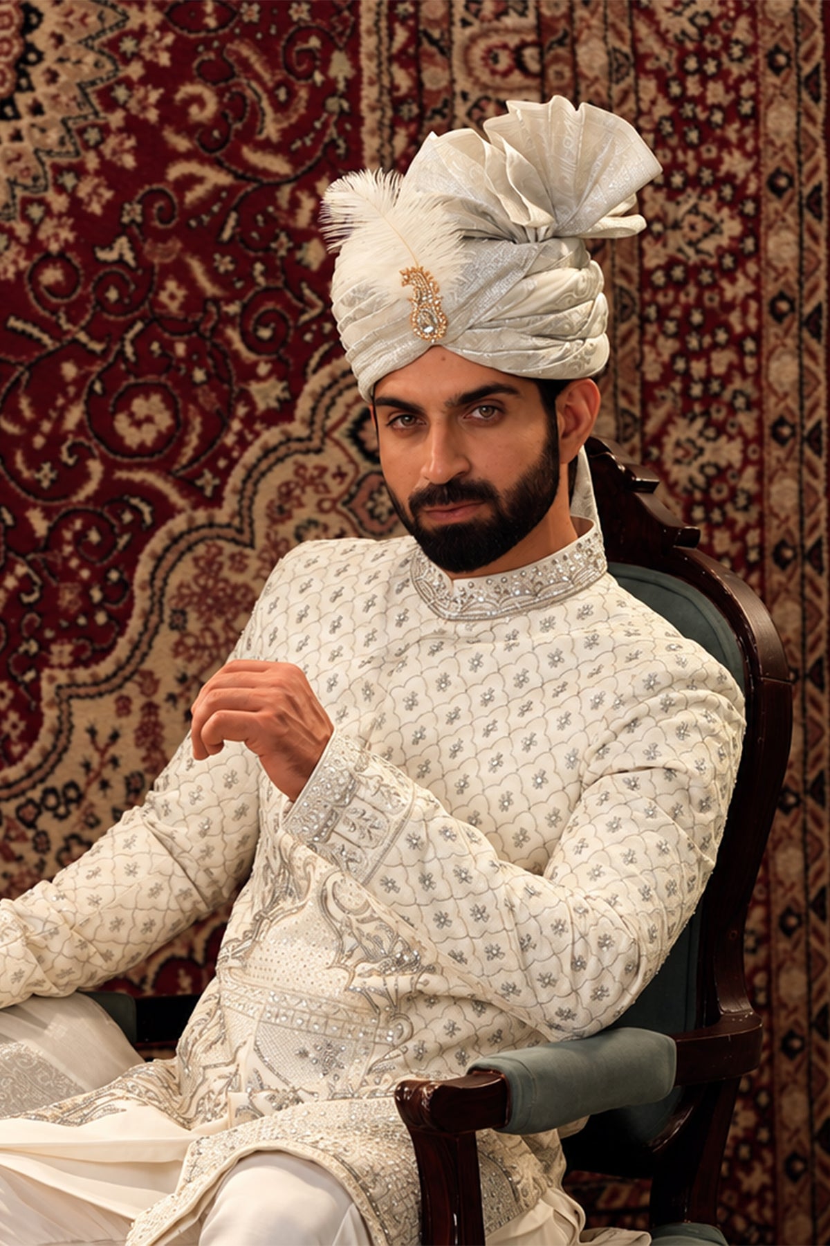 Off-White Embroidered Bridal Sherwani Set with Turban