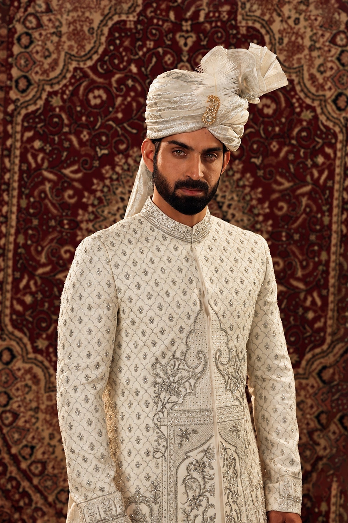 Off-White Embroidered Bridal Sherwani Set with Turban