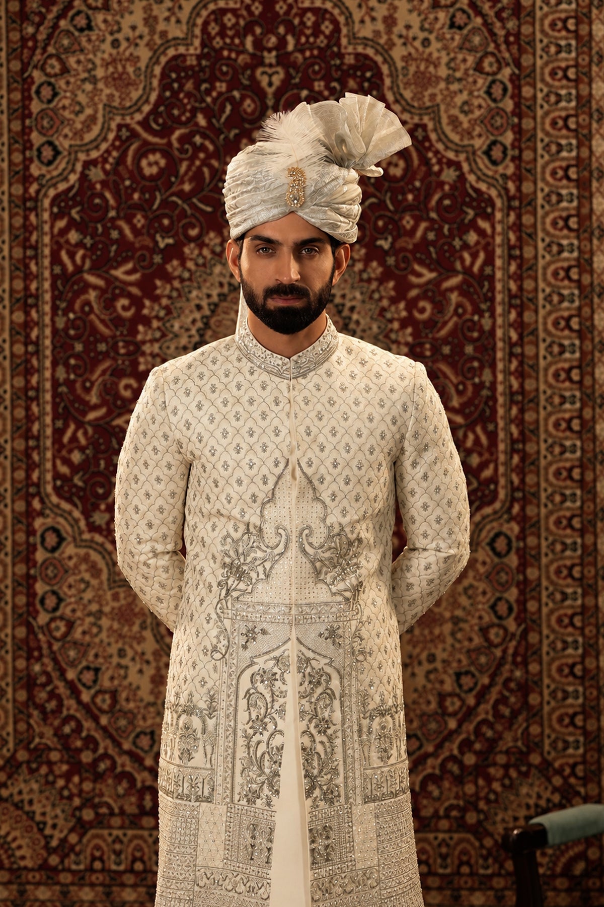 Off-White Embroidered Bridal Sherwani Set with Turban