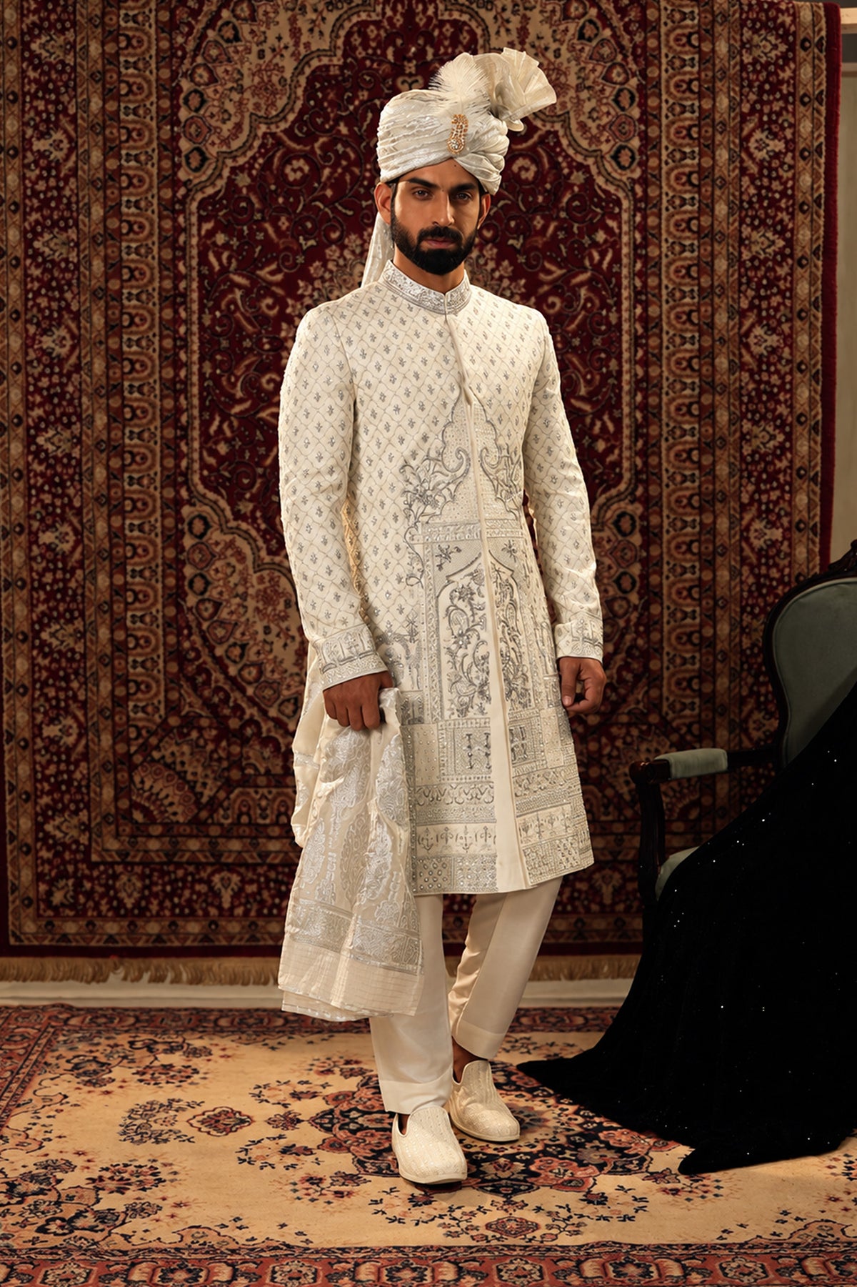 Off-White Embroidered Bridal Sherwani Set with Turban
