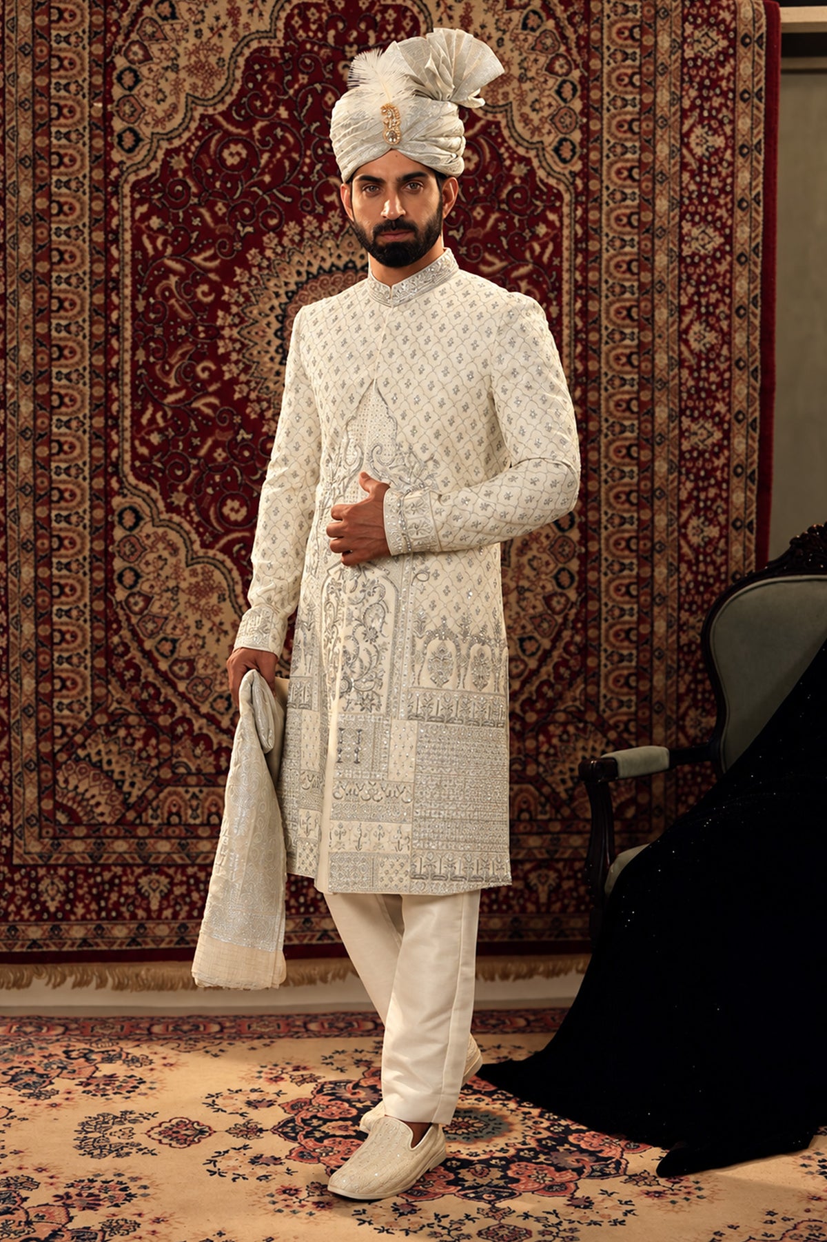 Off-White Embroidered Bridal Sherwani Set with Turban