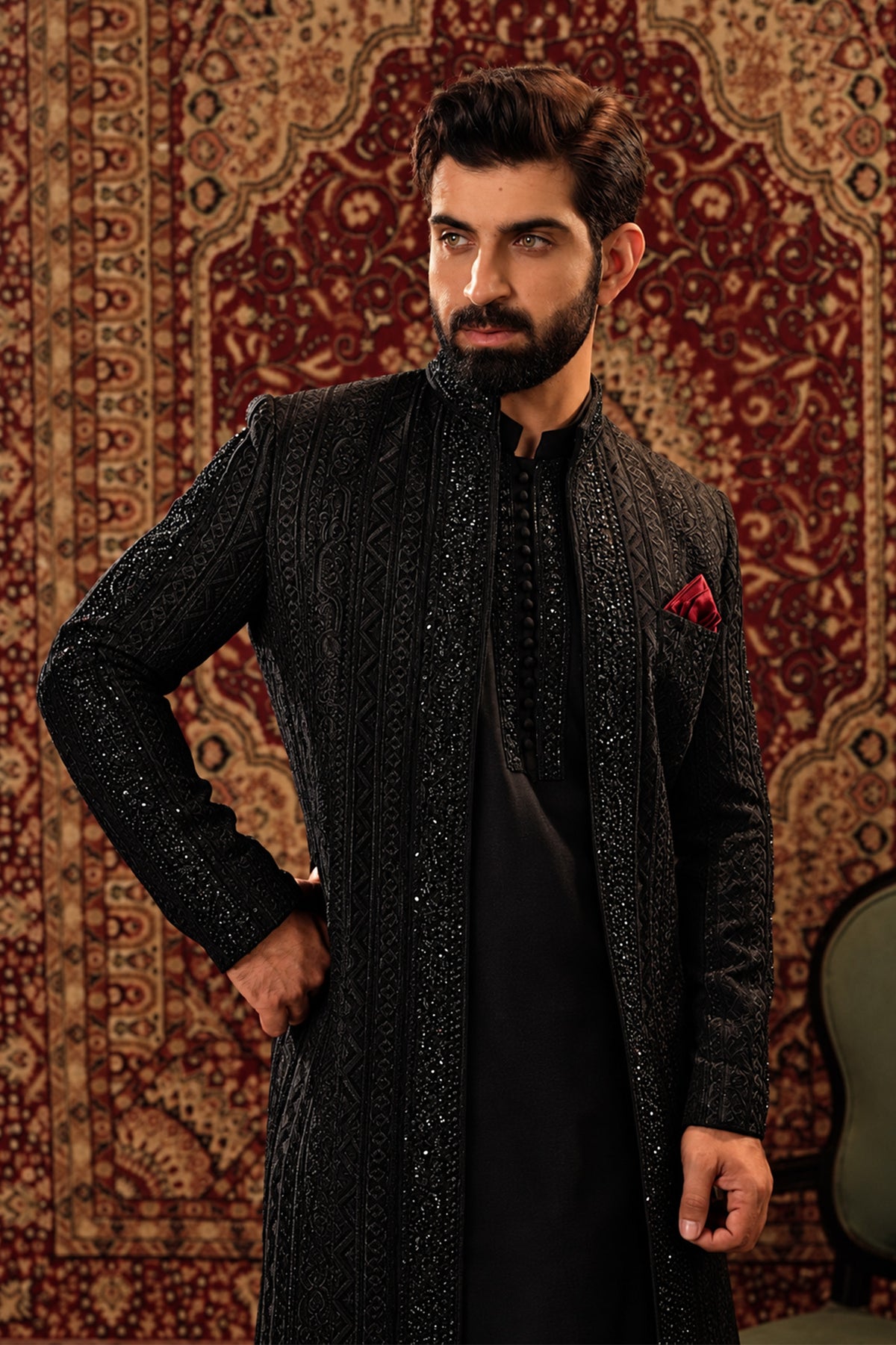 Black Embroidered Open-Front Sherwani with Kurta Pajama