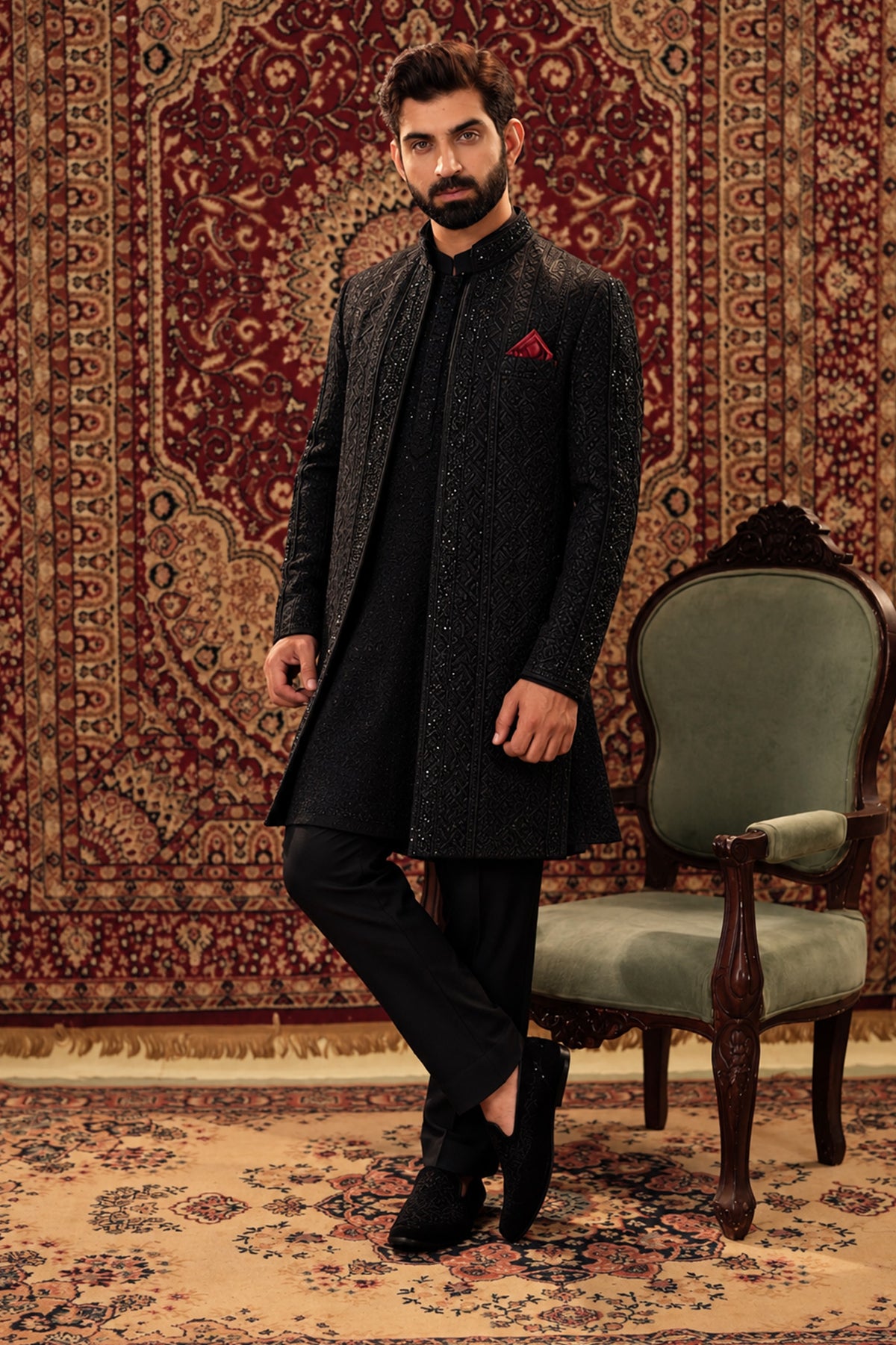 Black Embroidered Open-Front Sherwani with Kurta Pajama