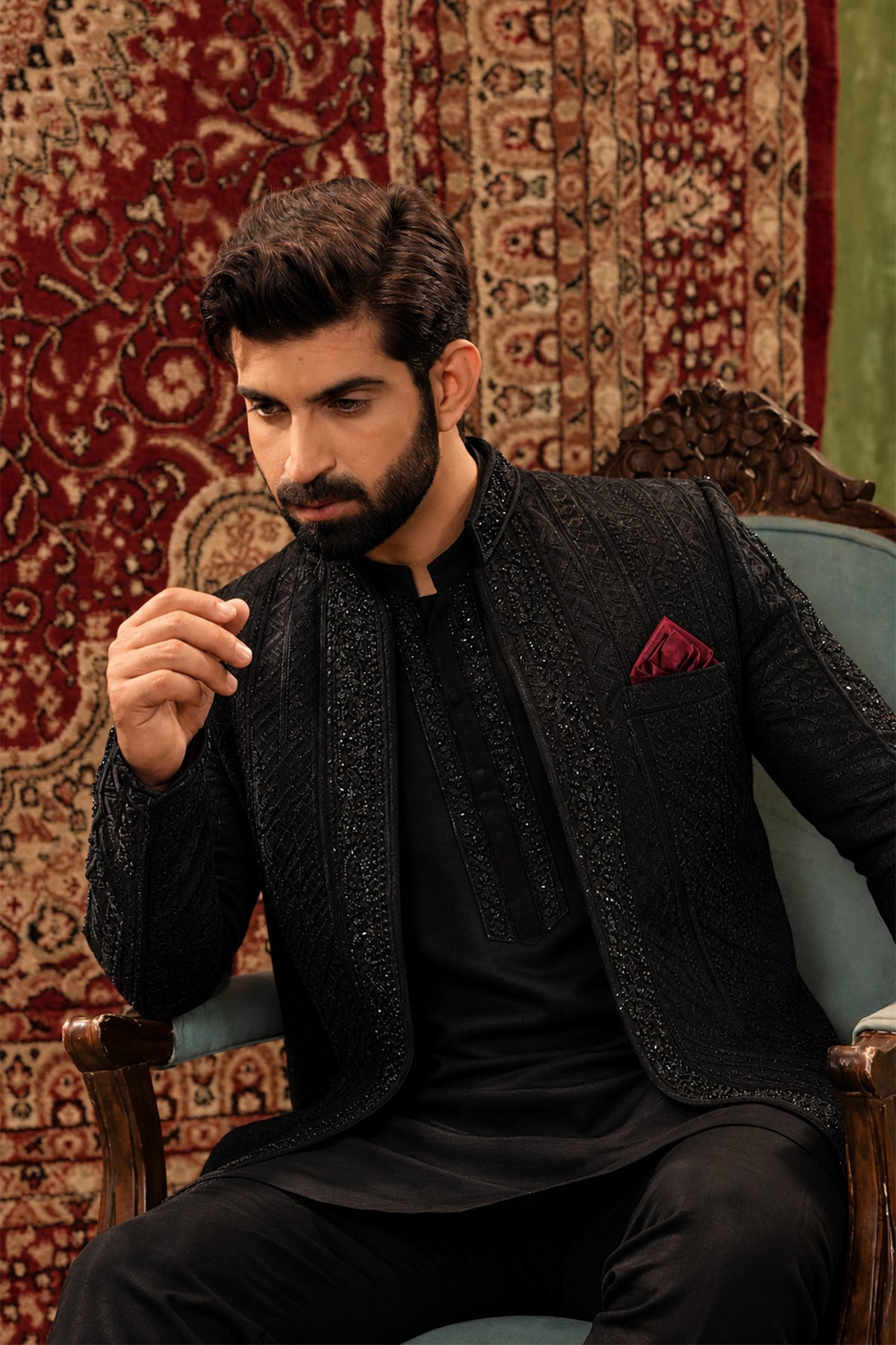 Black Embroidered Open-Front Sherwani with Kurta Pajama