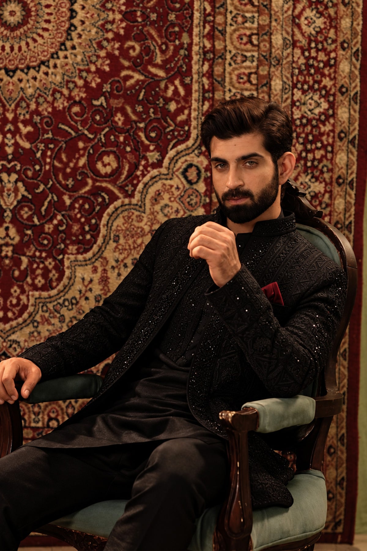 Black Embroidered Open-Front Sherwani with Kurta Pajama