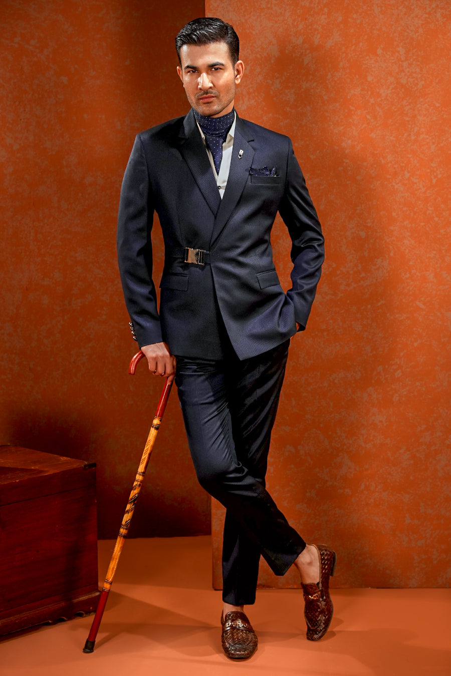 Navy Buckle-Closure Coat Pant with Cravat