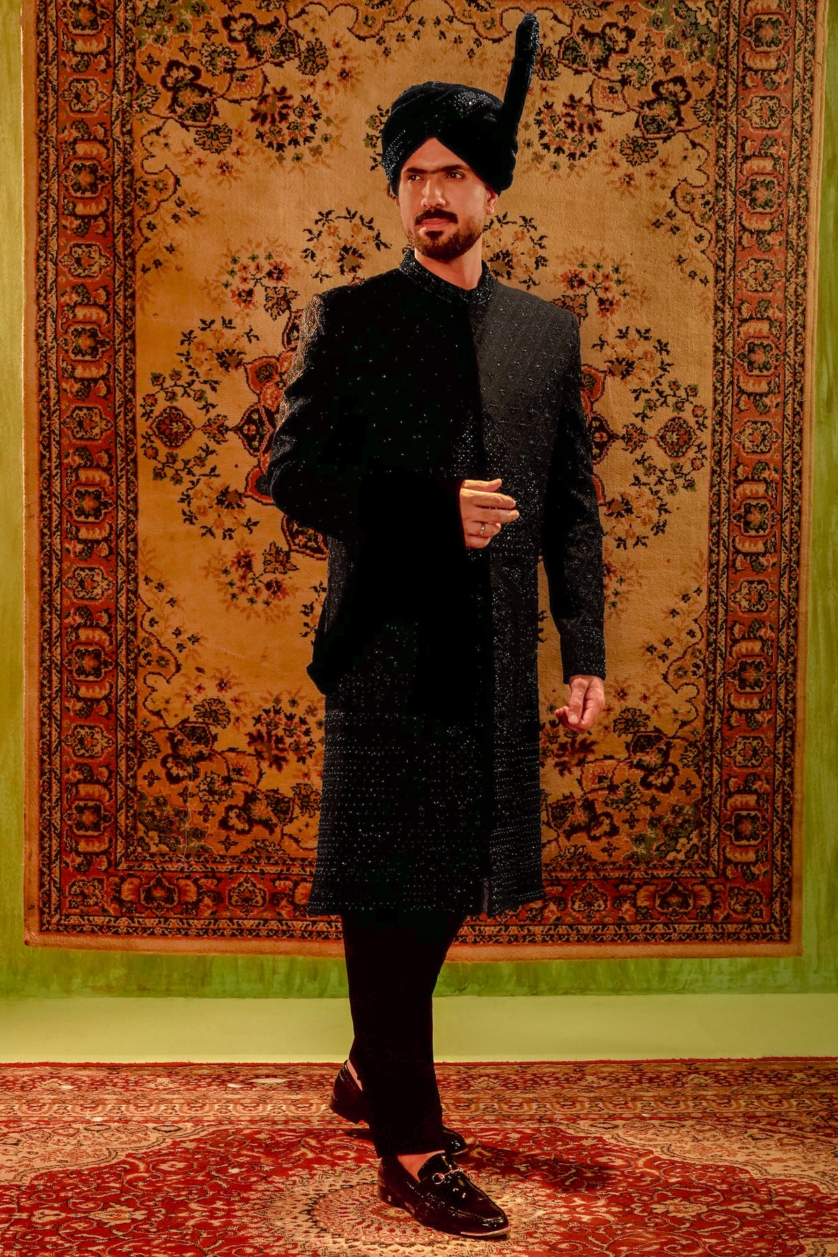 Black Embroidered Bridal Sherwani Set with Velvet Kalgi Turban