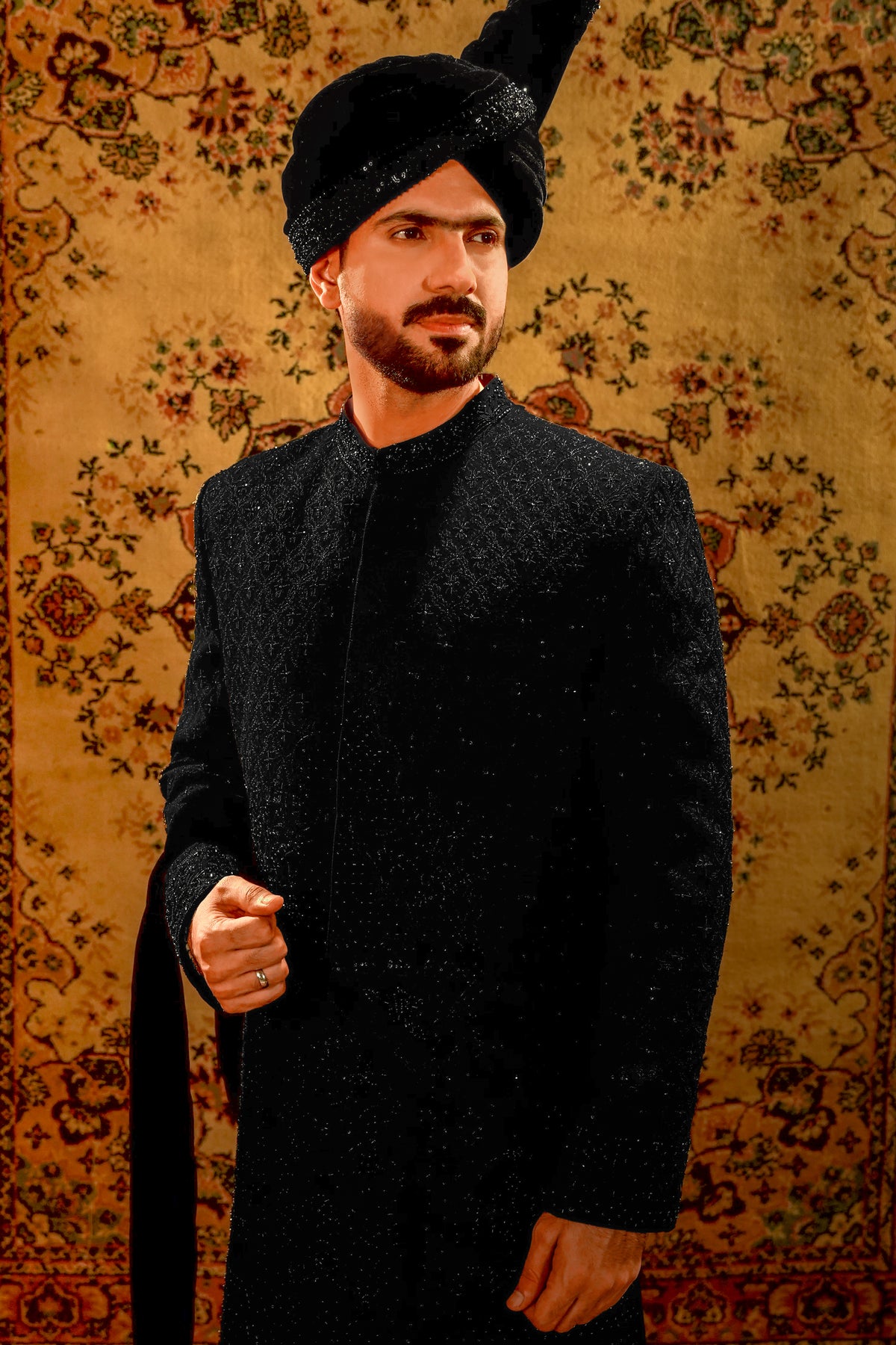 Black Embroidered Bridal Sherwani Set with Velvet Kalgi Turban