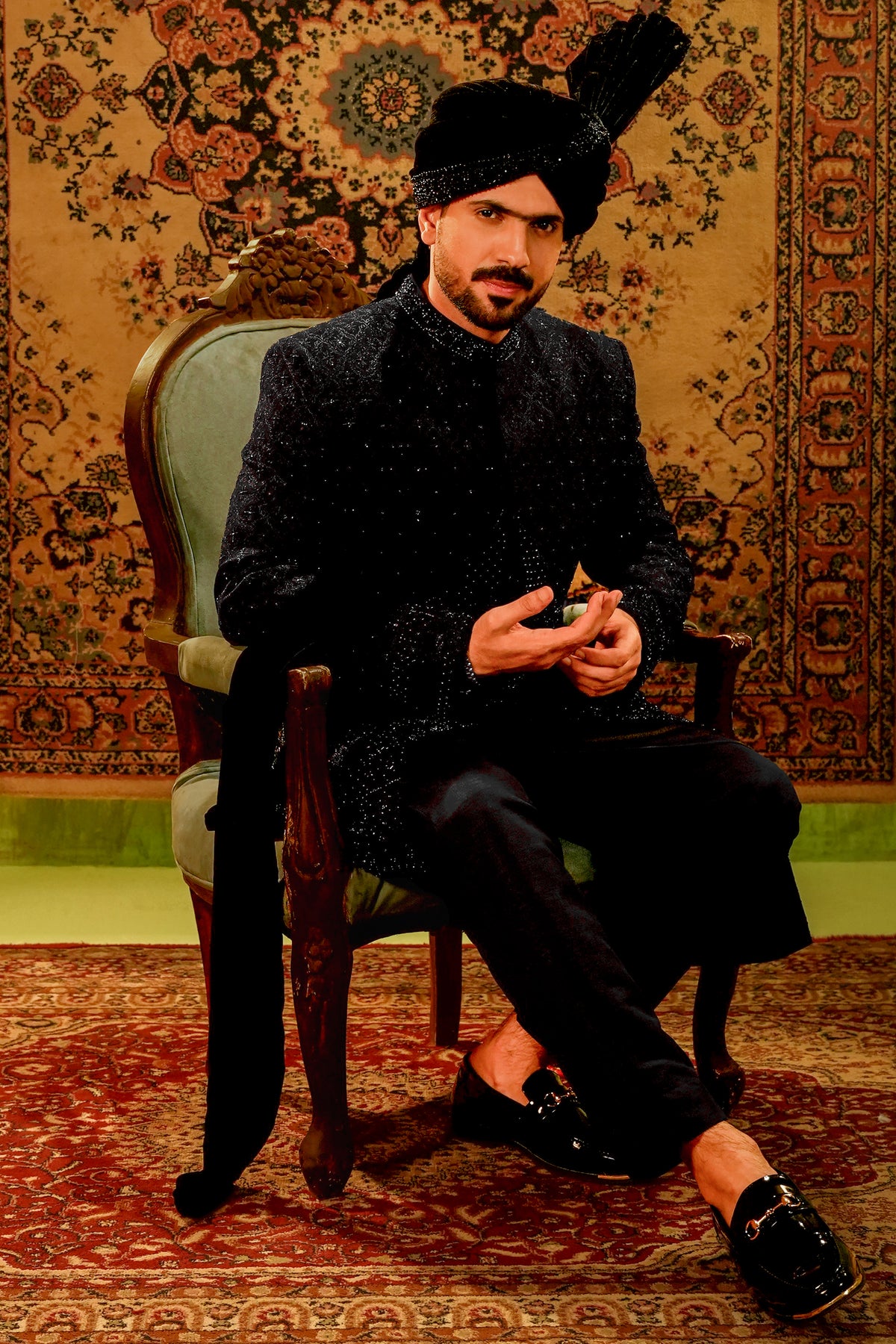 Black Embroidered Bridal Sherwani Set with Velvet Kalgi Turban
