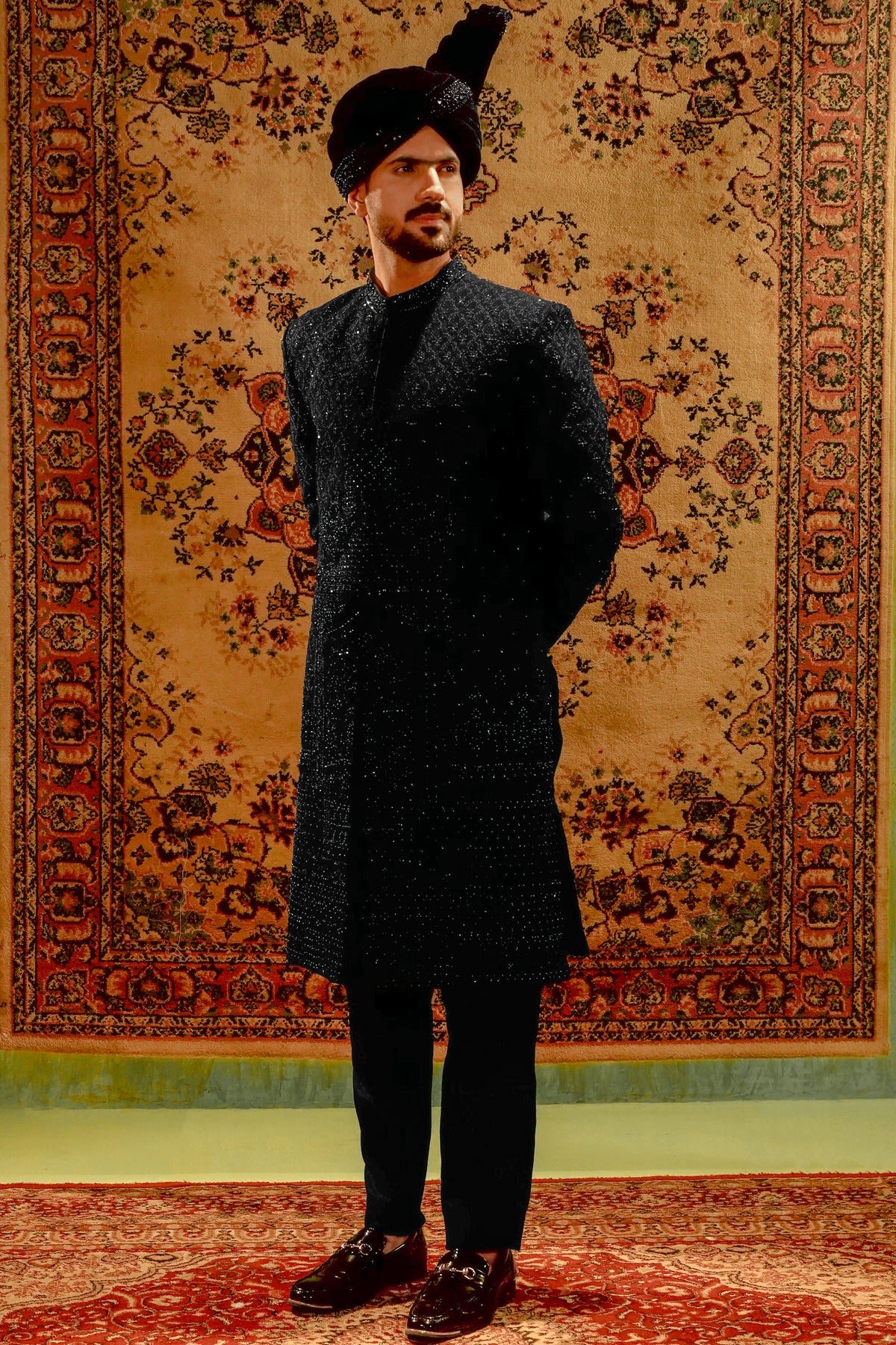Black Embroidered Bridal Sherwani Set with Velvet Kalgi Turban
