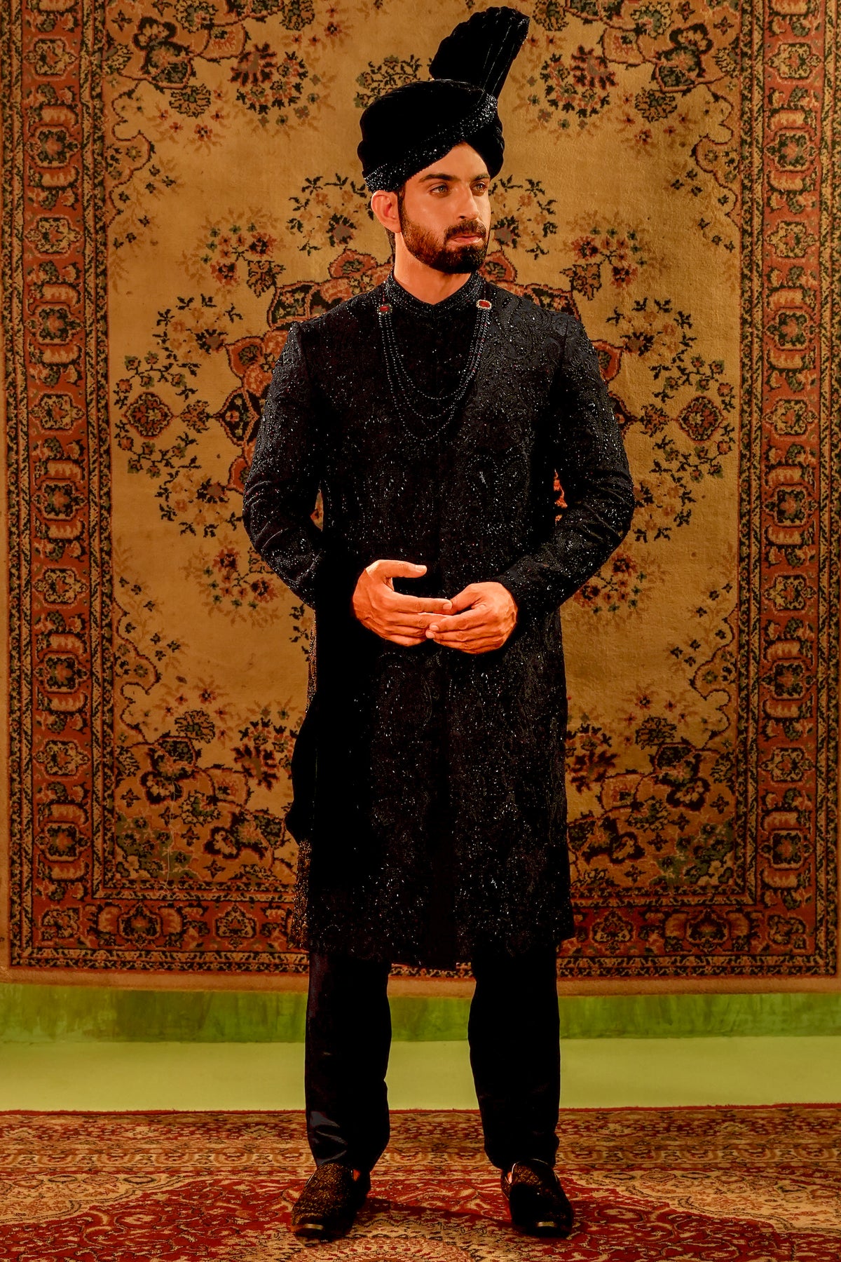 Black Embroidered Sherwani Set with Black Velvet Turban