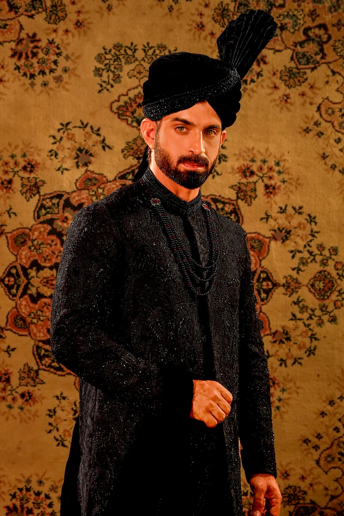Black Embroidered Sherwani Set with Black Velvet Turban