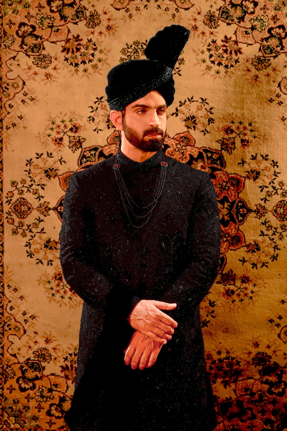 Black Embroidered Sherwani Set with Black Velvet Turban