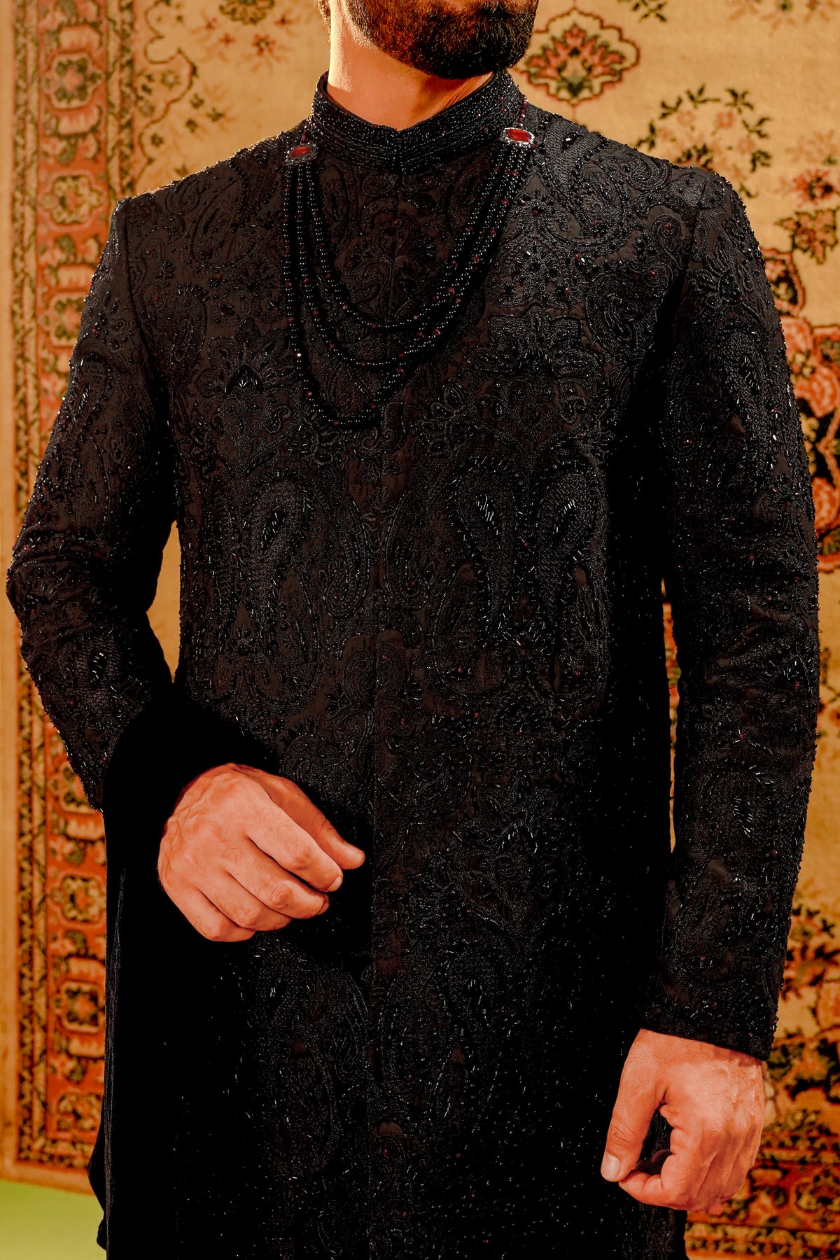 Black Embroidered Sherwani Set with Black Velvet Turban