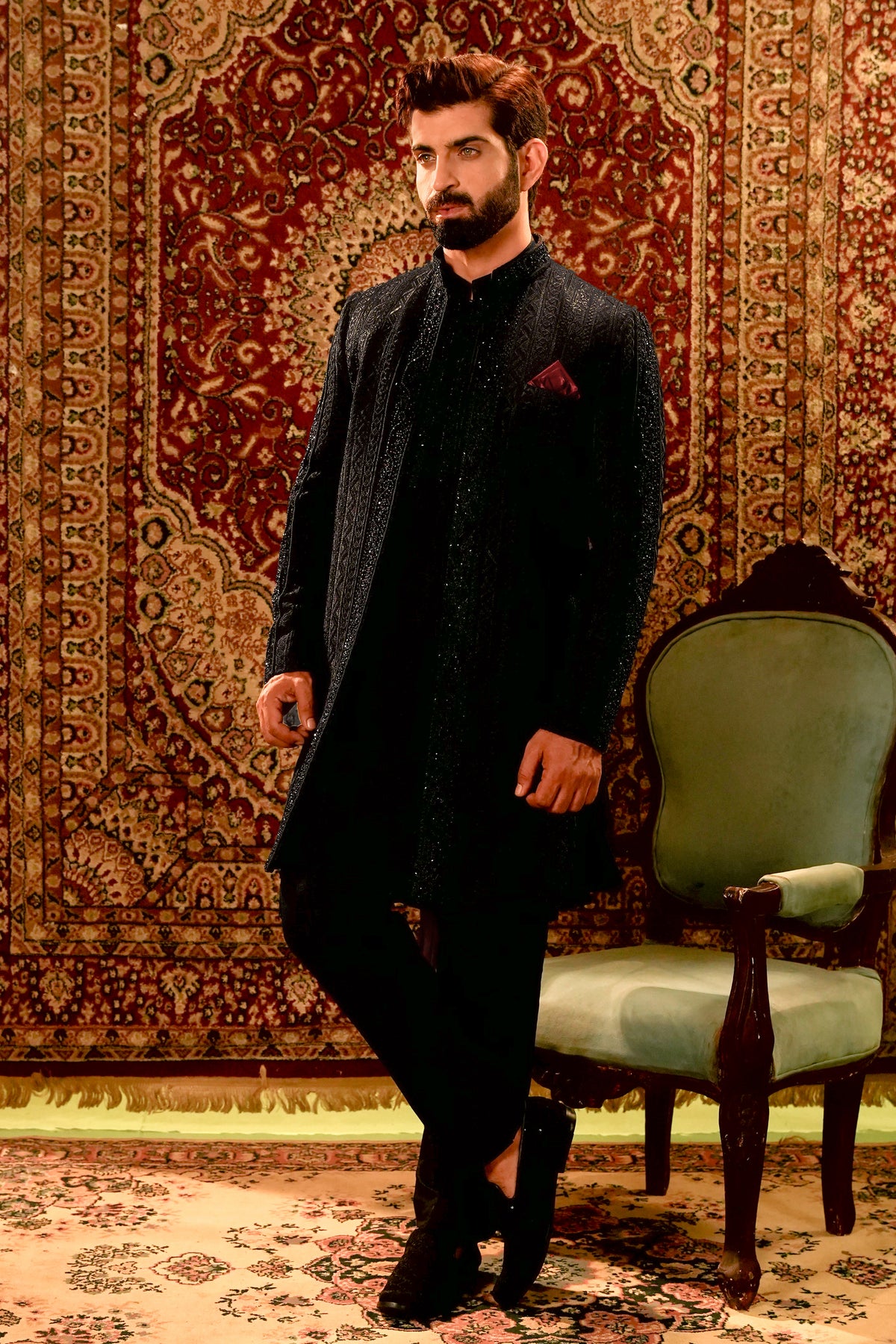 Black Embroidered Open-Front Sherwani with Kurta Pajama