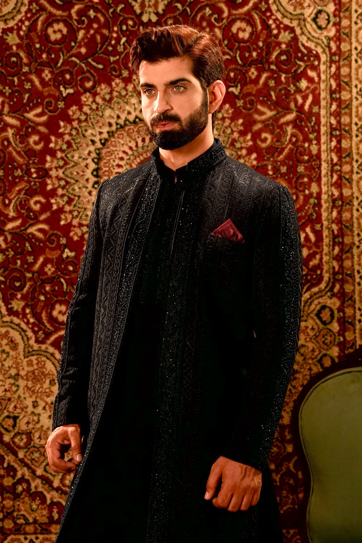 Black Embroidered Open-Front Sherwani with Kurta Pajama