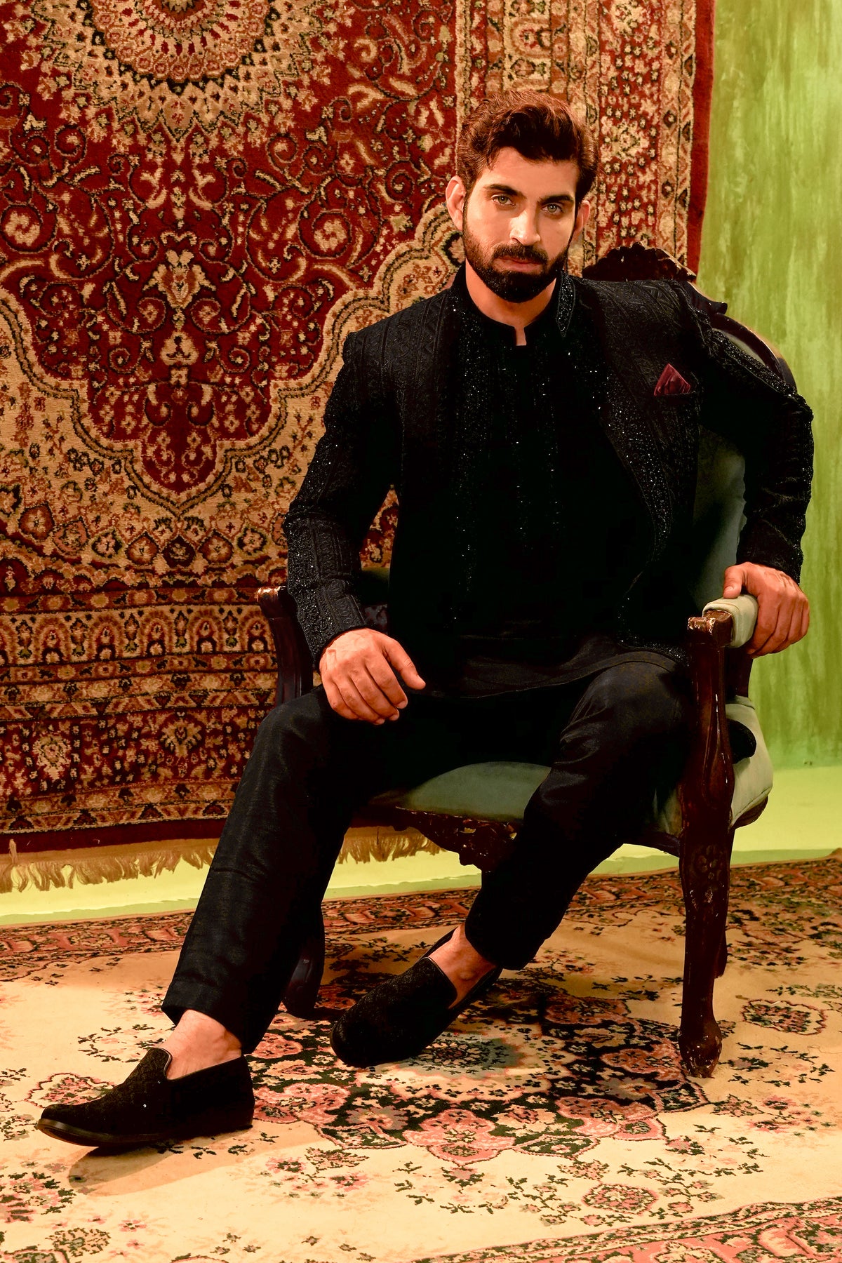 Black Embroidered Open-Front Sherwani with Kurta Pajama