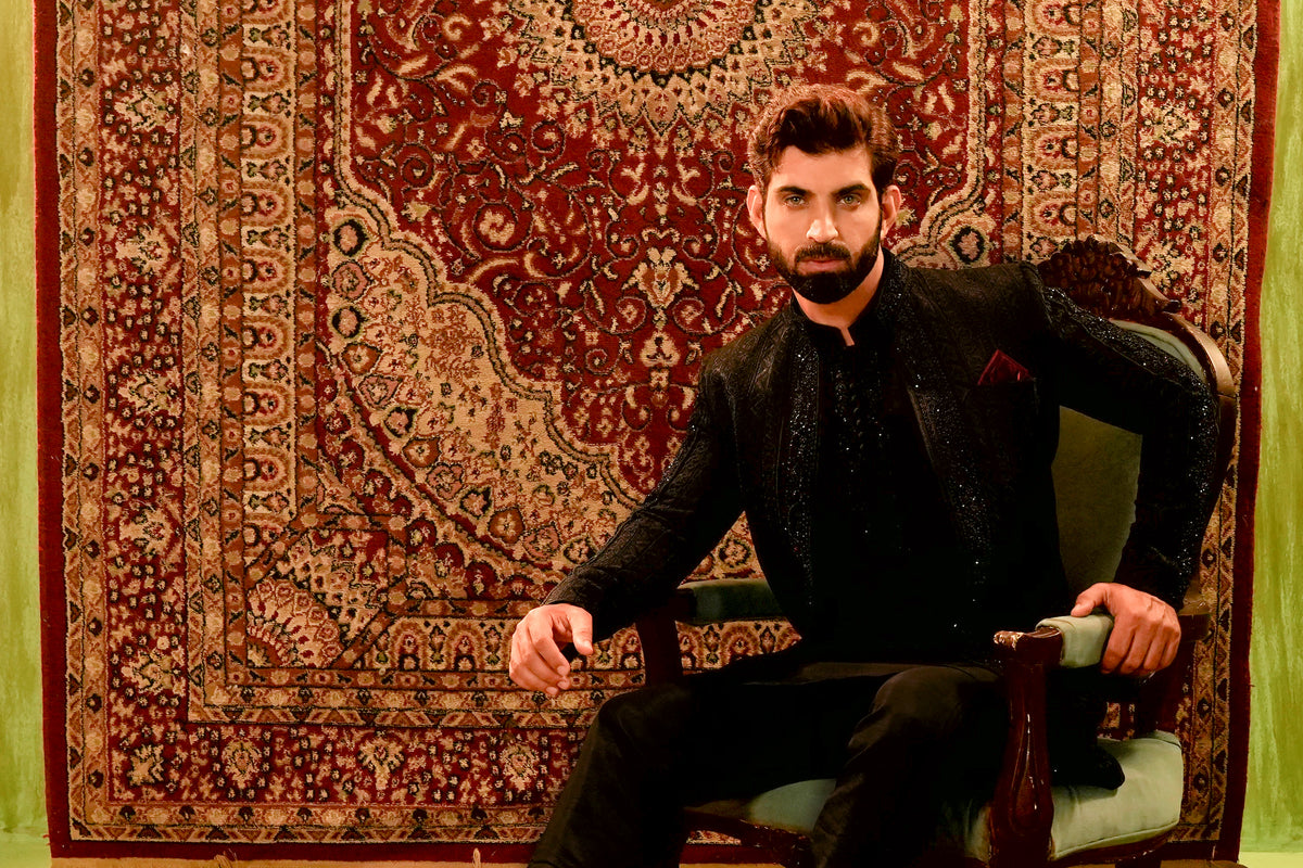 Black Embroidered Open-Front Sherwani with Kurta Pajama
